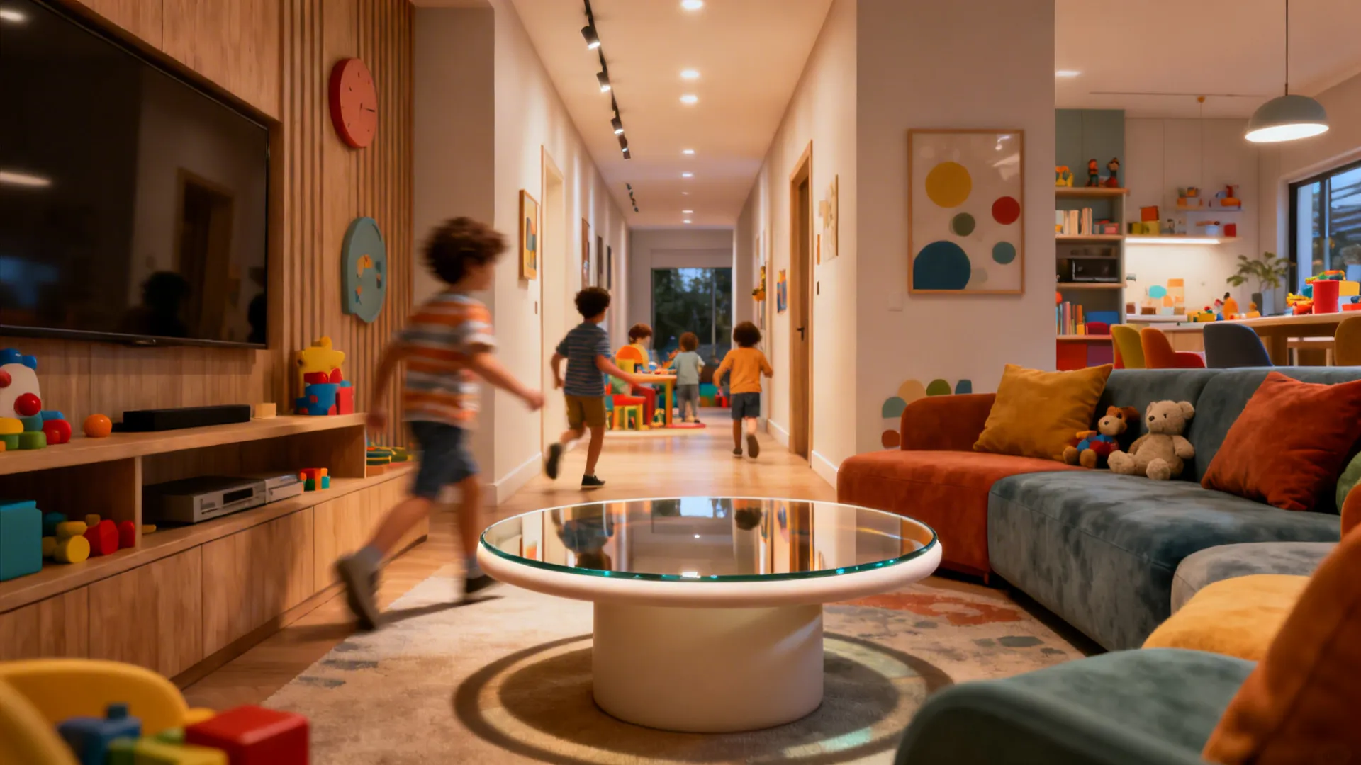 Round glass end table in a narrow family room allowing smooth traffic flow and soft edges.