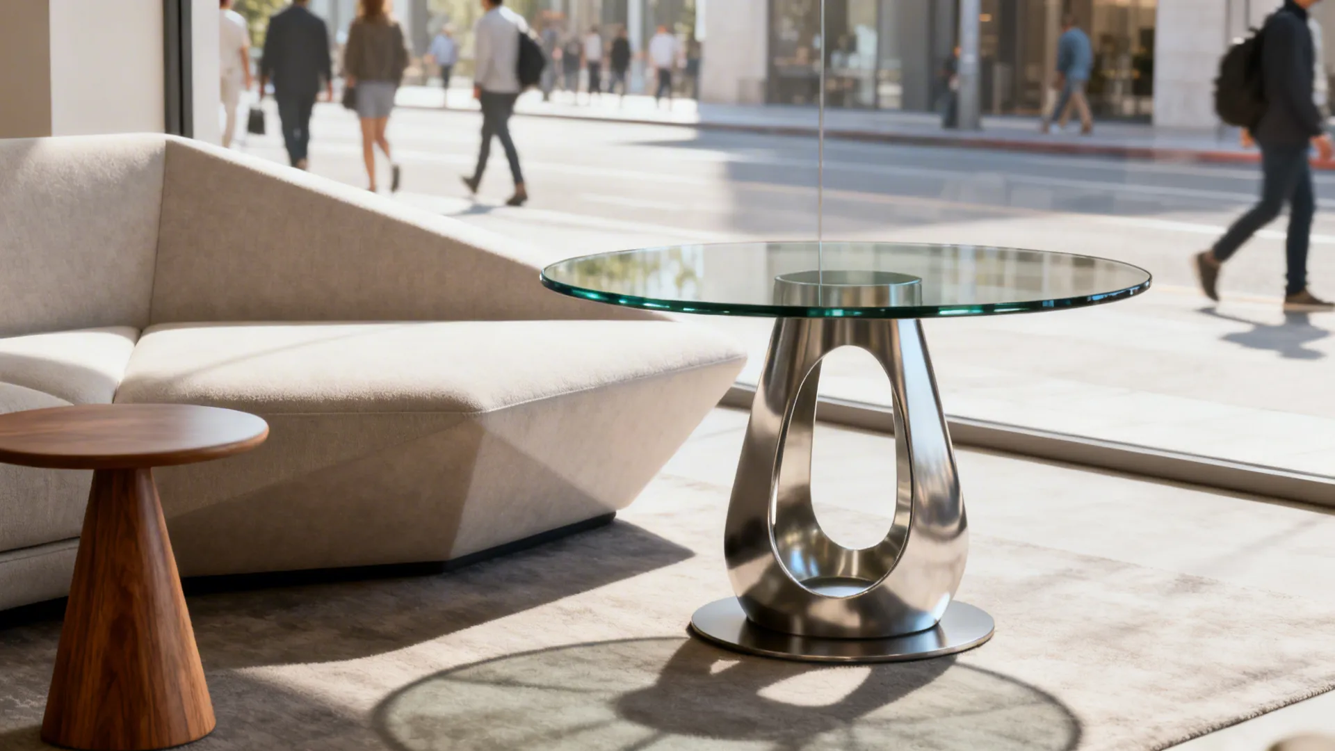 Round glass end table with an open sculptural base beside an angular sofa
