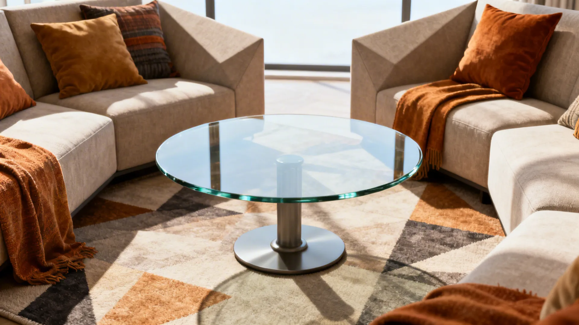 Round glass coffee table in a living room with angular sofas and a geometric rug improving flow.