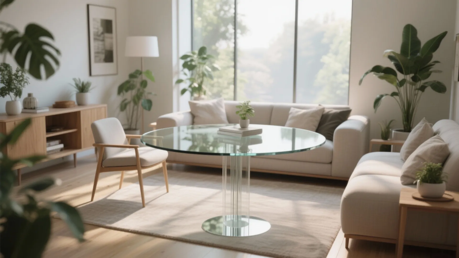 Modern bright living room with round glass coffee table white sofa green plants and natural light