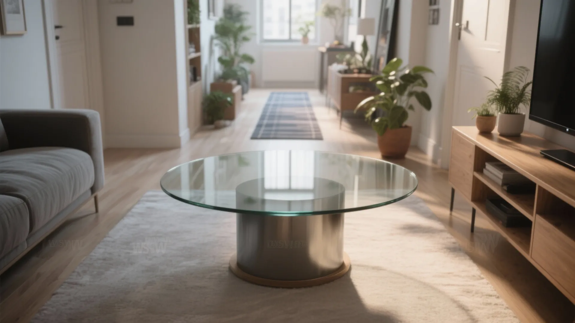 Round glass top coffee table with metal base in bright living room with wooden furniture