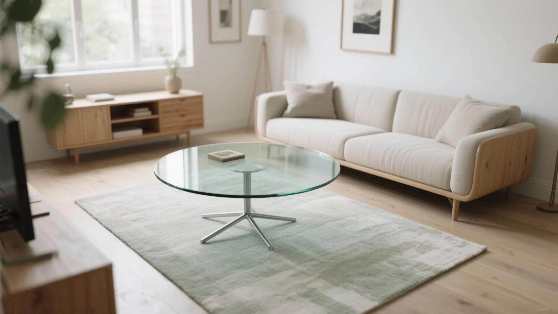 Round glass-top coffee table with a slim base