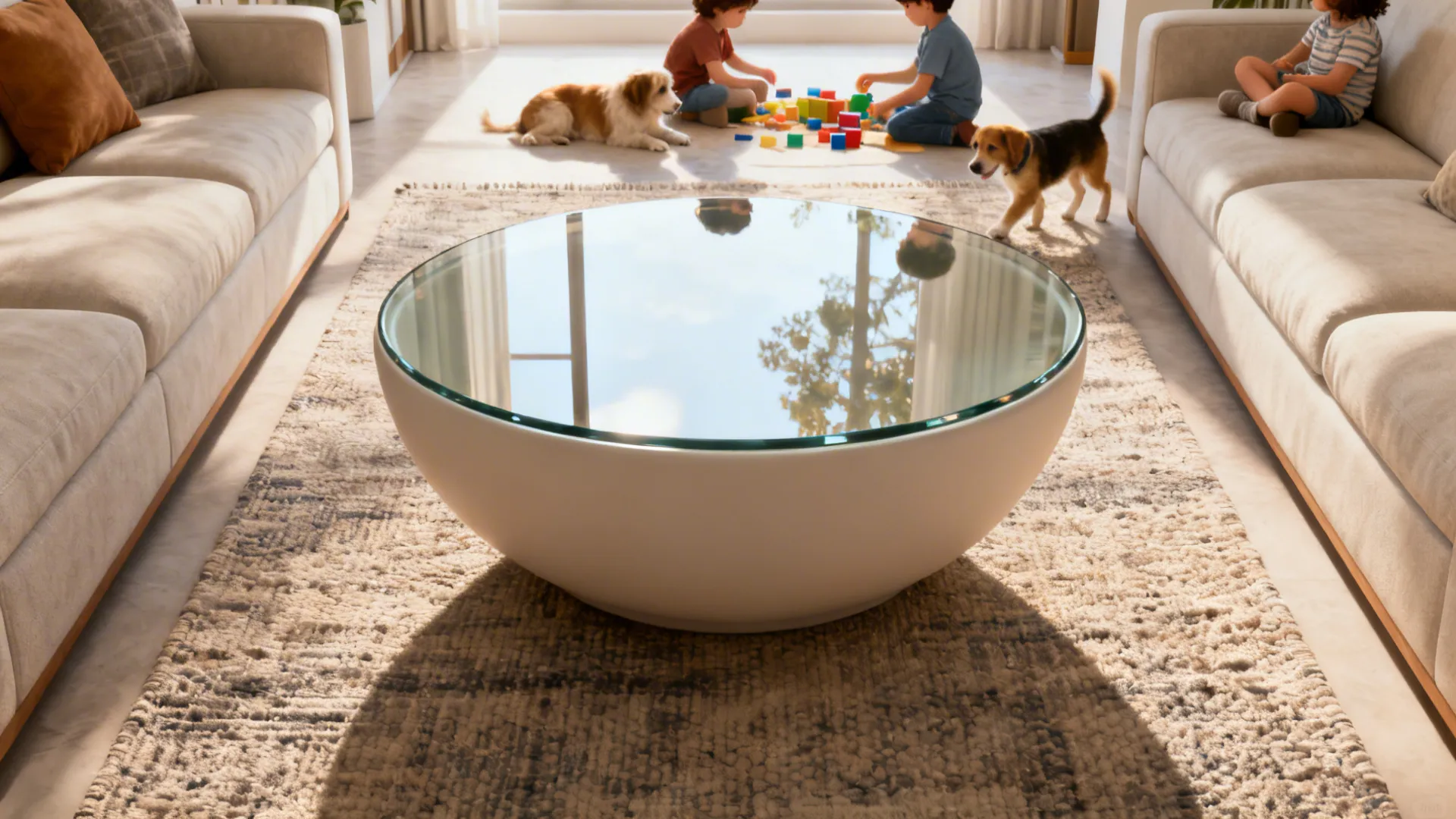 Round glass coffee table softening corners in a tight seating area with textured rug.