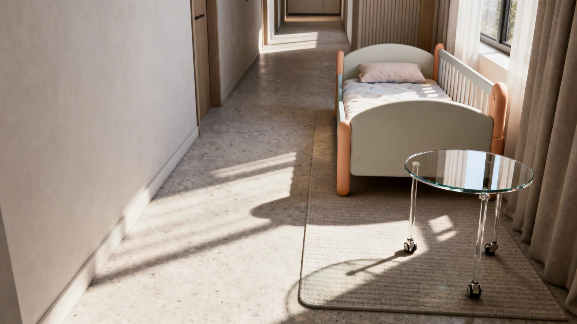 Round glass side table in a narrow walkway beside a daybed, showing smooth traffic flow.