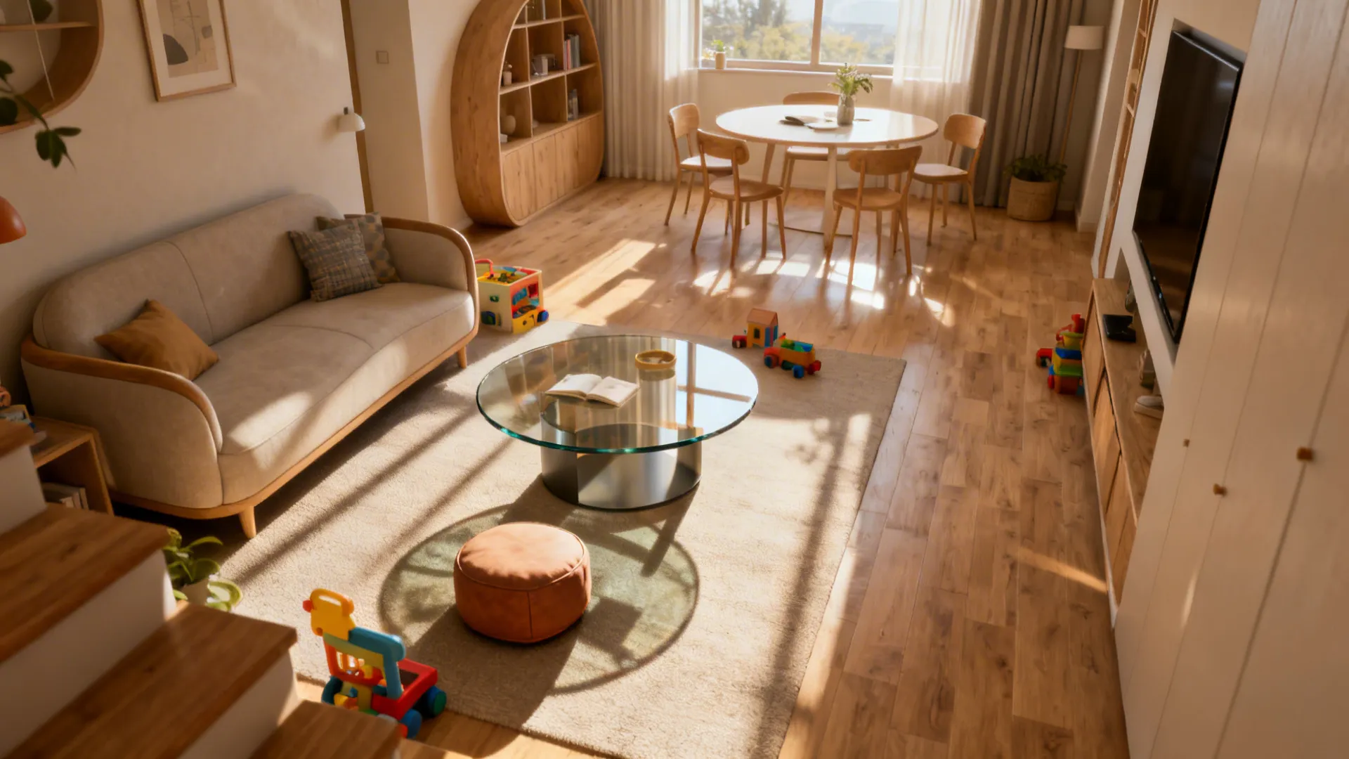 Narrow living room with a round glass coffee table and soft furnishings for better flow
