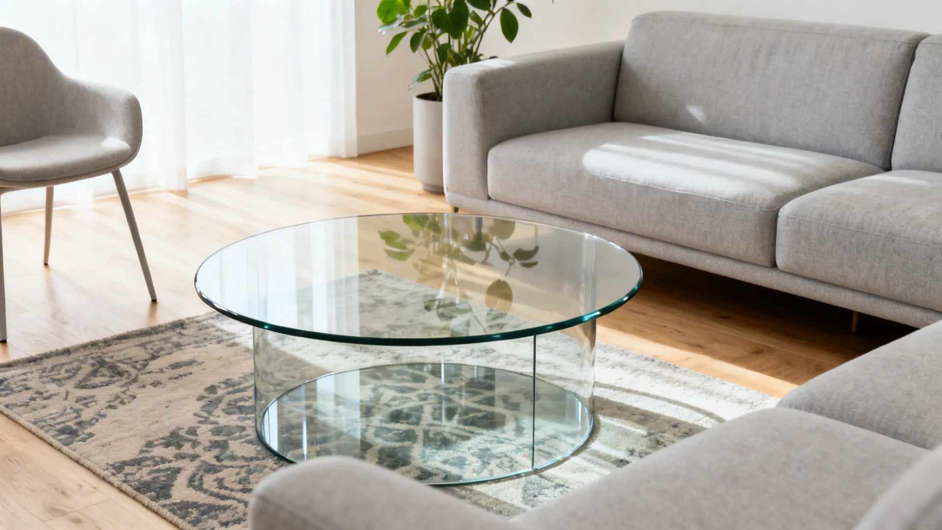 Minimalist round glass coffee table with polished edges in a bright small living room.