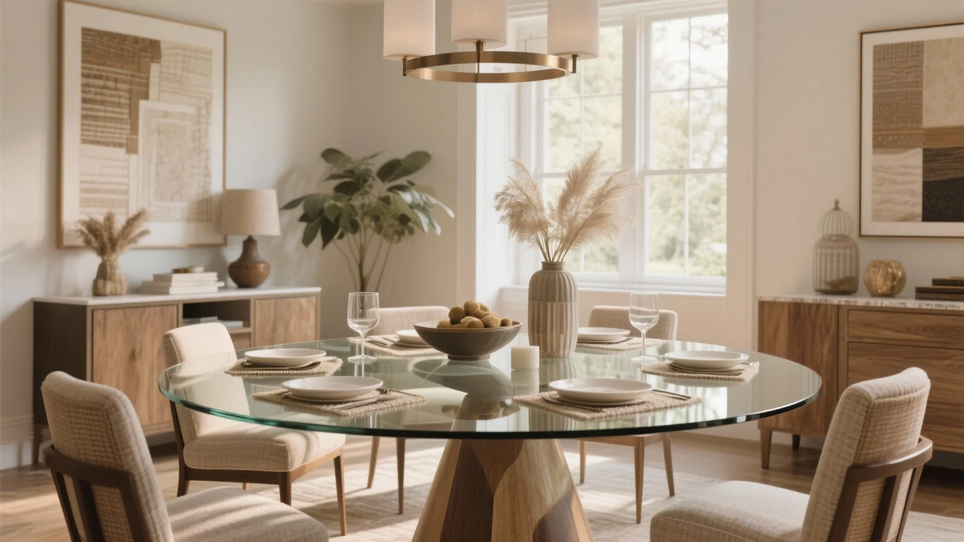 Modern dining room featuring round glass table with wooden base and matching beige fabric chairs