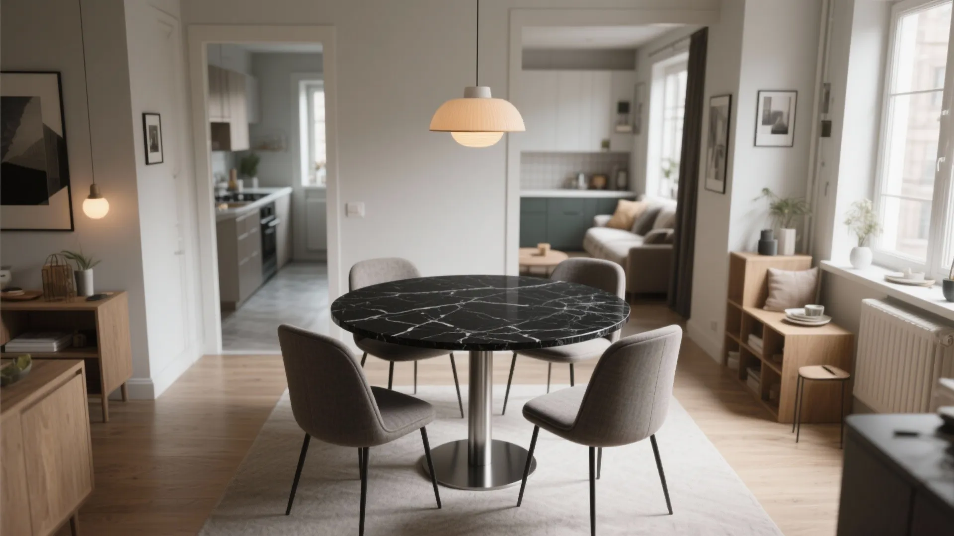 Round black granite table in a small apartment that improves circulation and social flow.