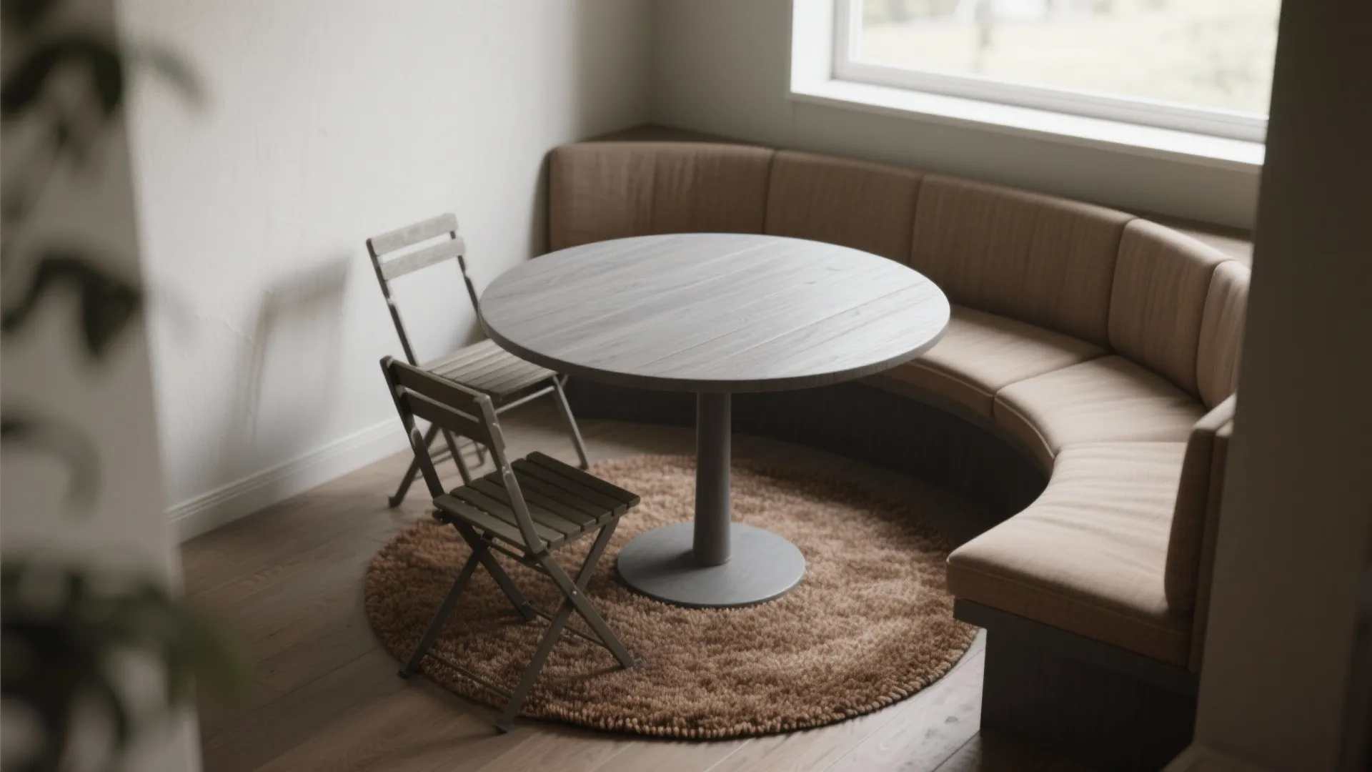 Round grey dining table with wooden folding chairs and a curved brown sofa on brown rug