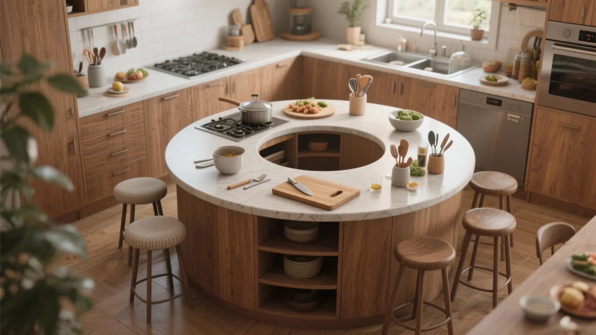 5. Multi-function round island with seating