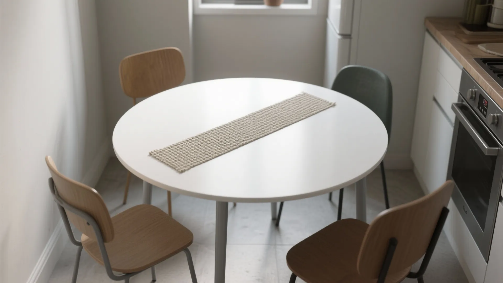 3. Round white laminate table with gray metal legs