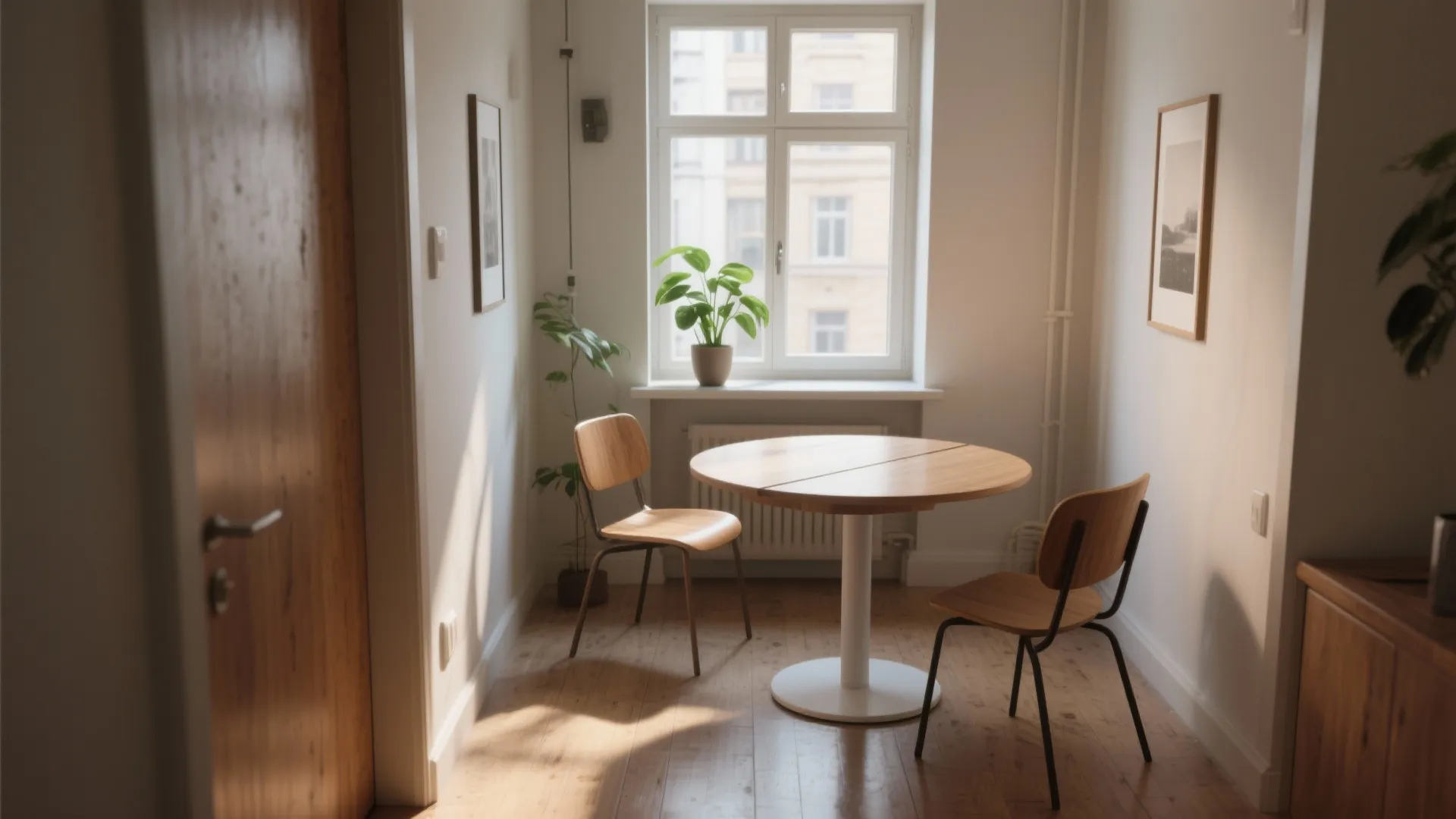 Small dining area with round wooden table two chairs and potted plant near the window