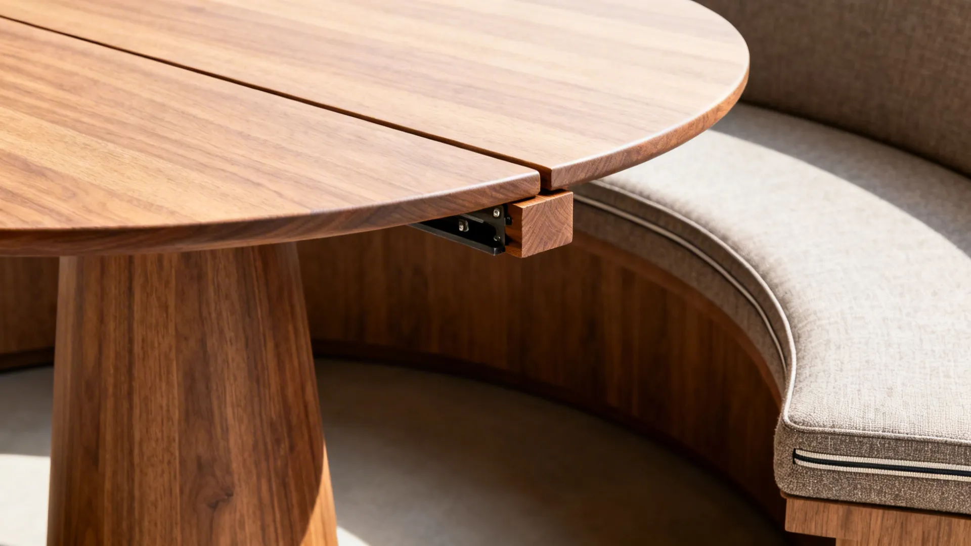 Macro of an extendable round tabletop mechanism and textured banquette upholstery.