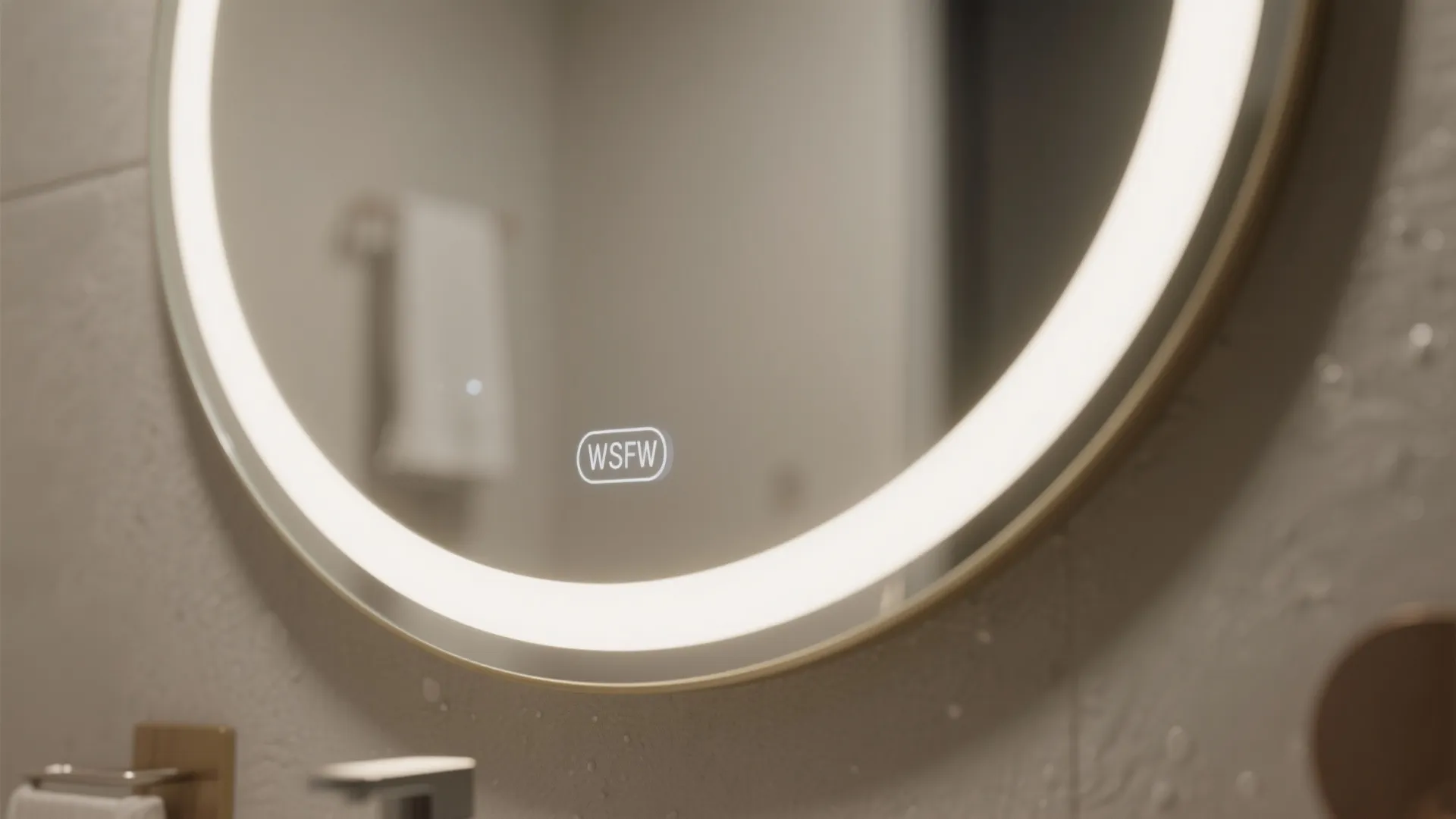 Modern round bathroom mirror with built in light strip and digital touch screen display control