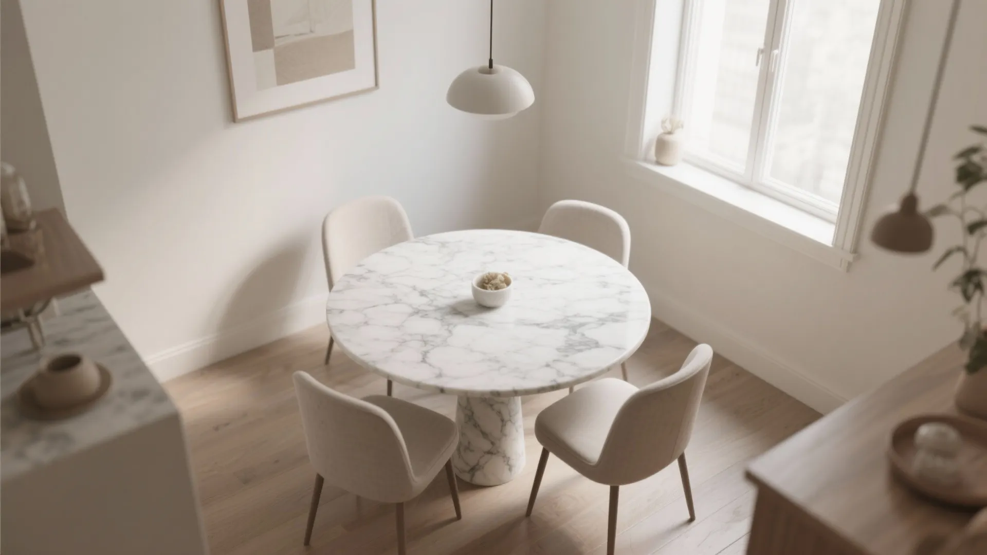 Modern dining room with round marble table four beige chairs wood floor and white ceiling light