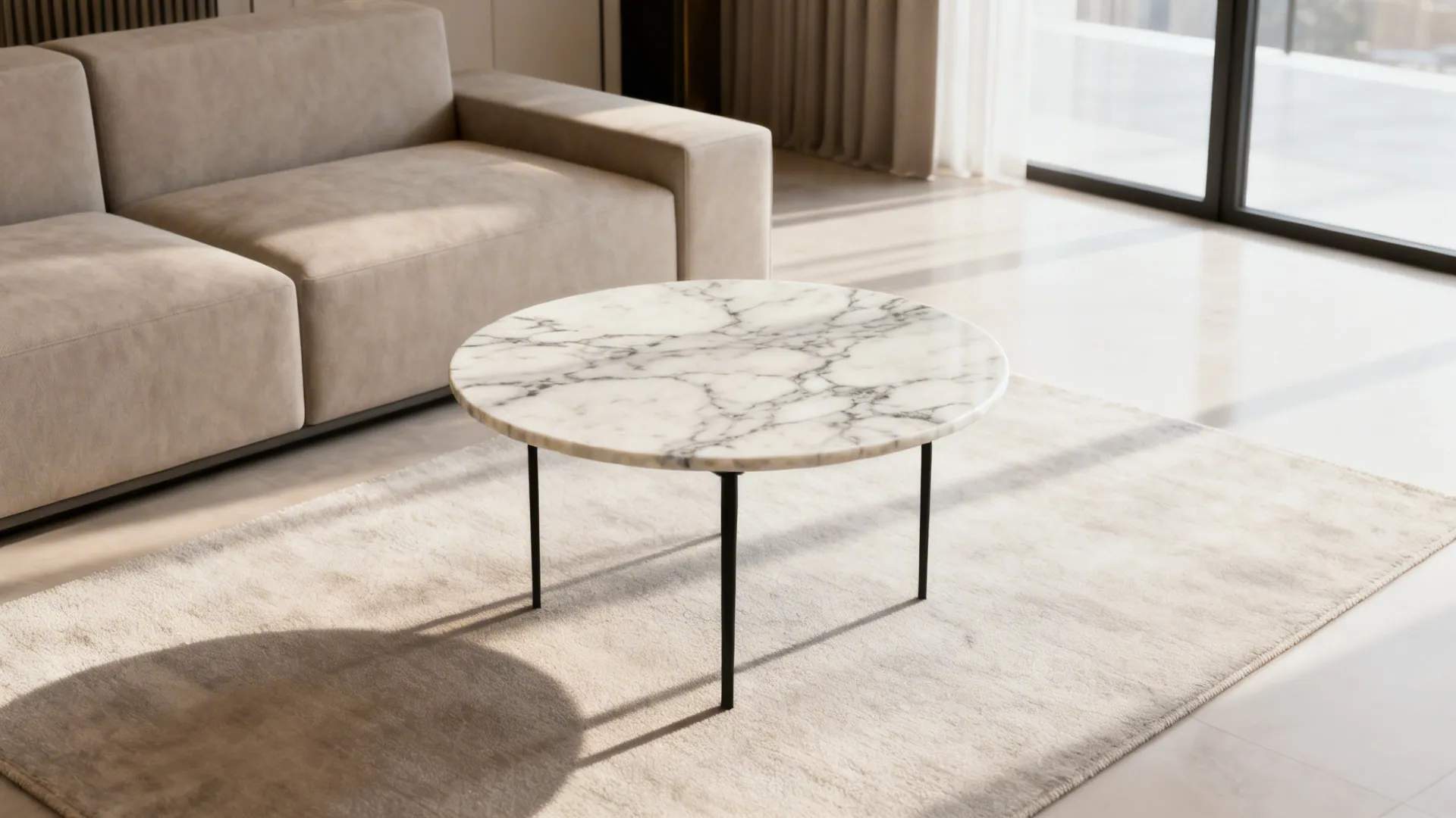 Round white marble coffee table with black legs on rug next to beige fabric sofa