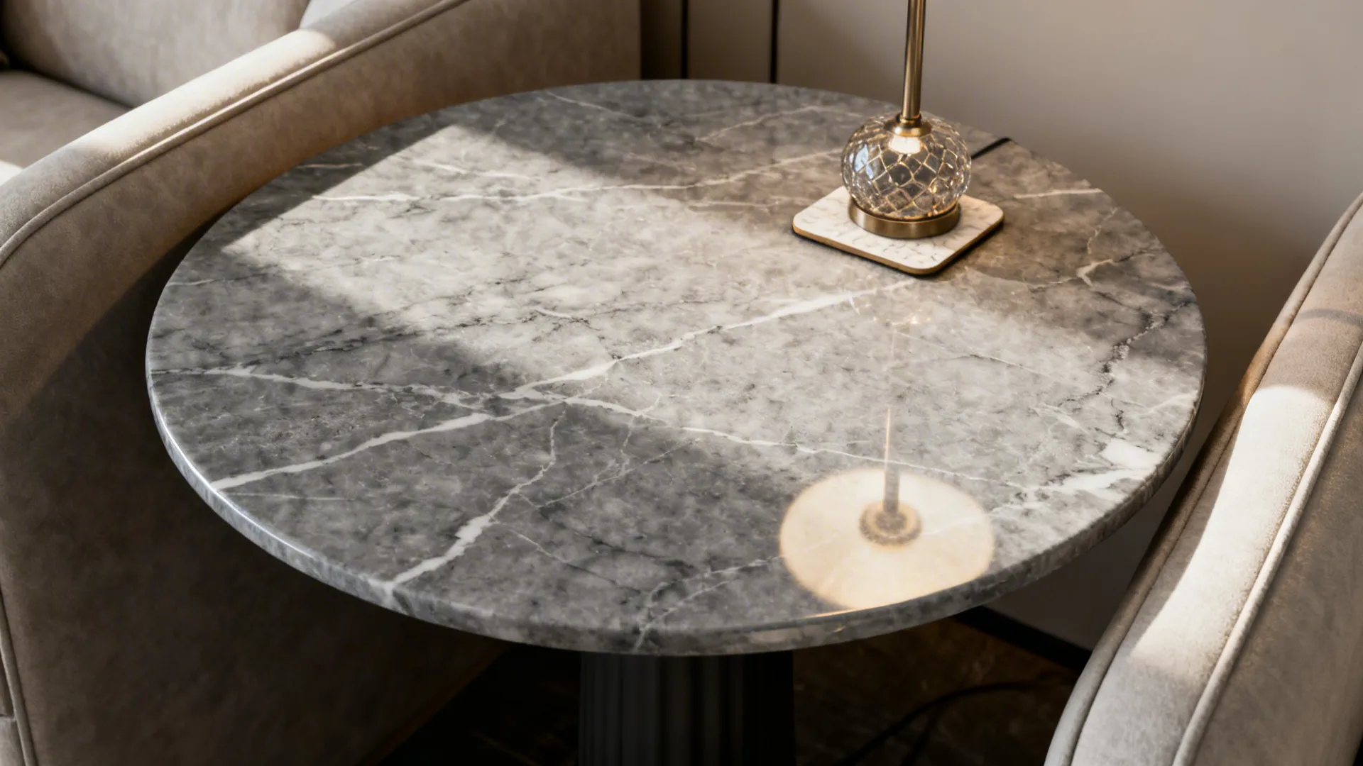Round grey marble-top end table with subtle veining beside a sofa.