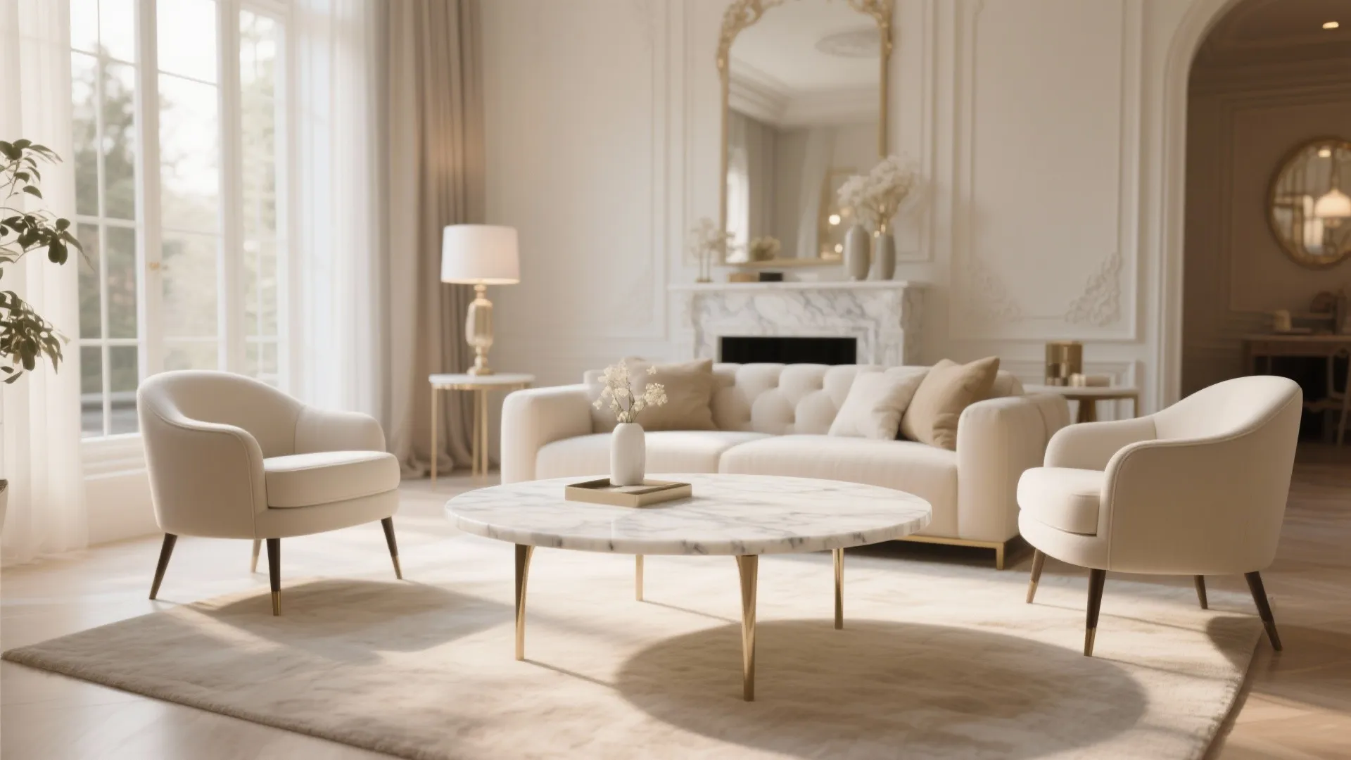 Elegant living room with a round marble coffee table