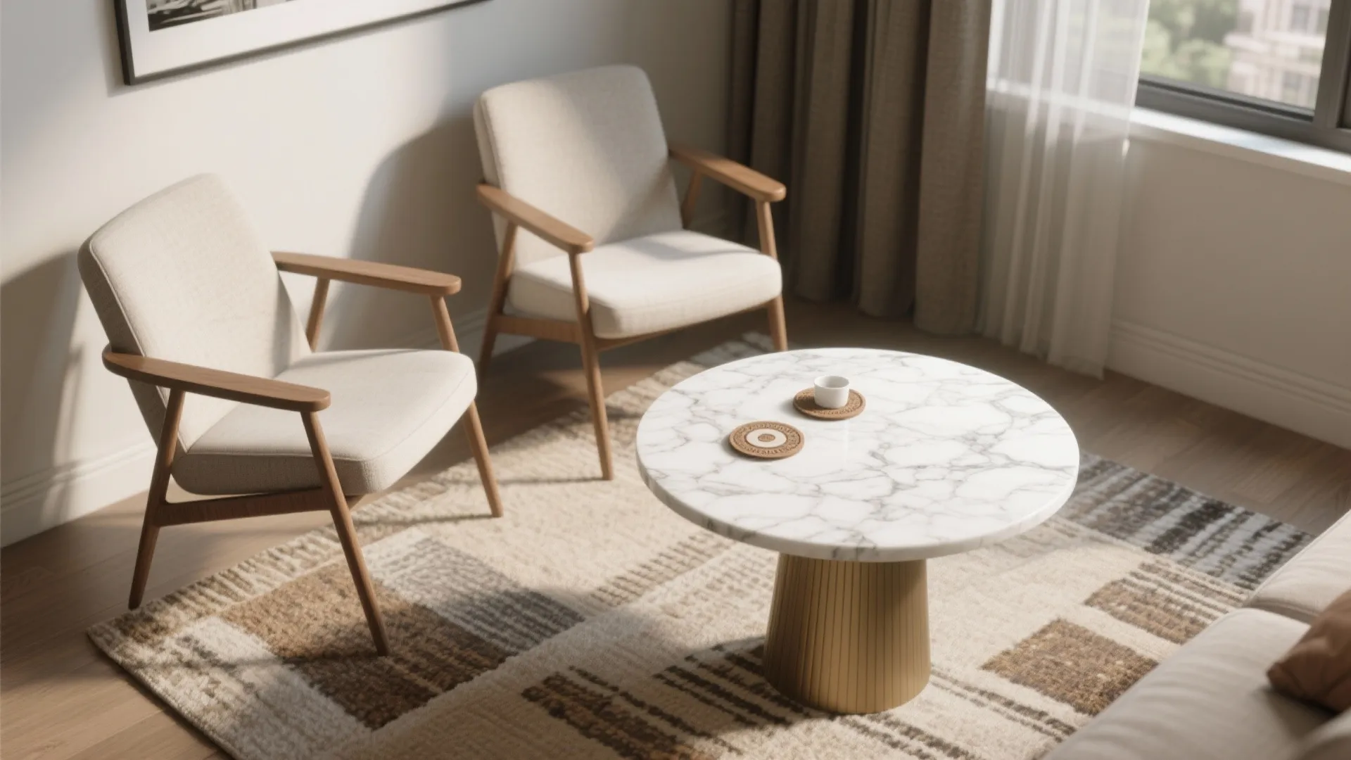 Round marble coffee table with wooden base between two beige chairs on a patterned rug