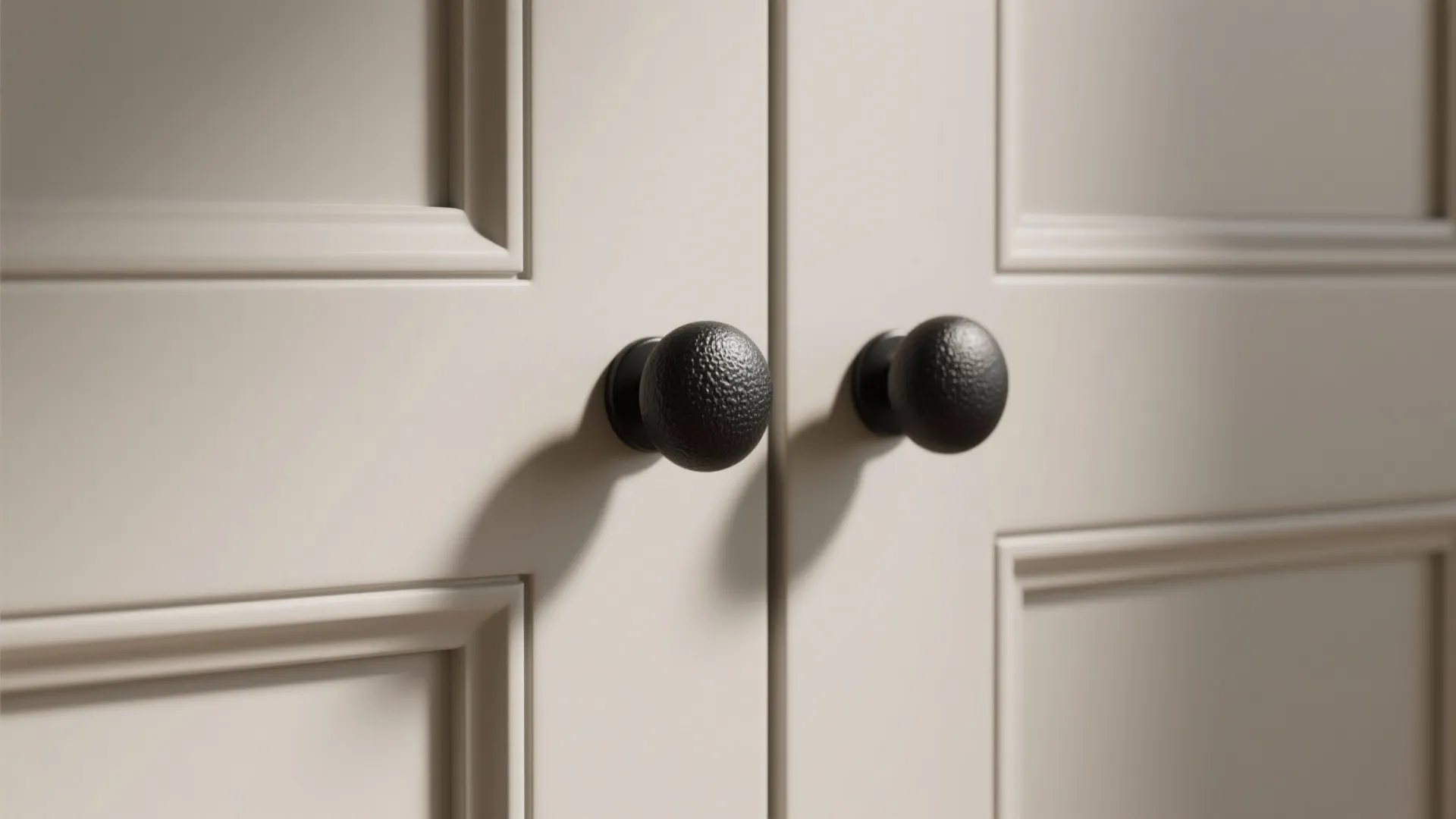 Close up of black round door knobs on white wall panel cabinets in bright room