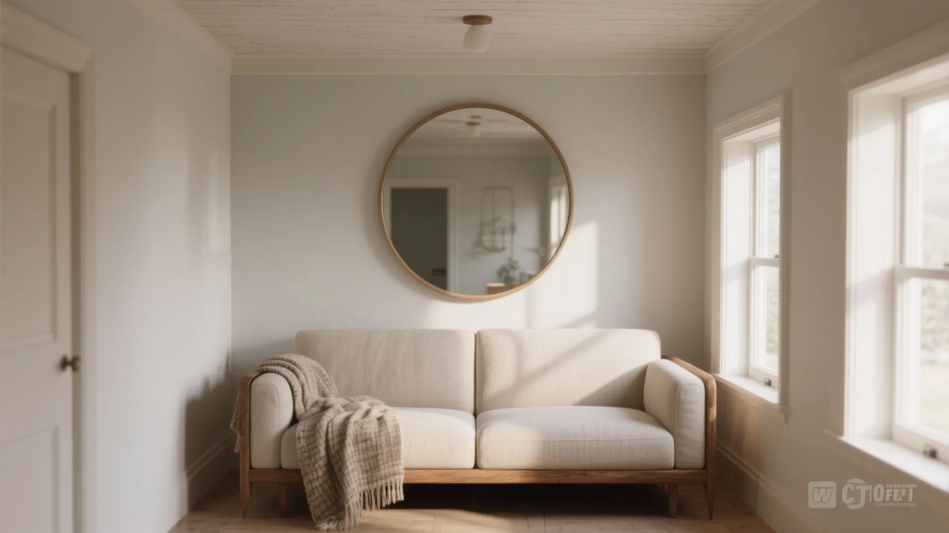 4. Oversized round mirror above the sofa