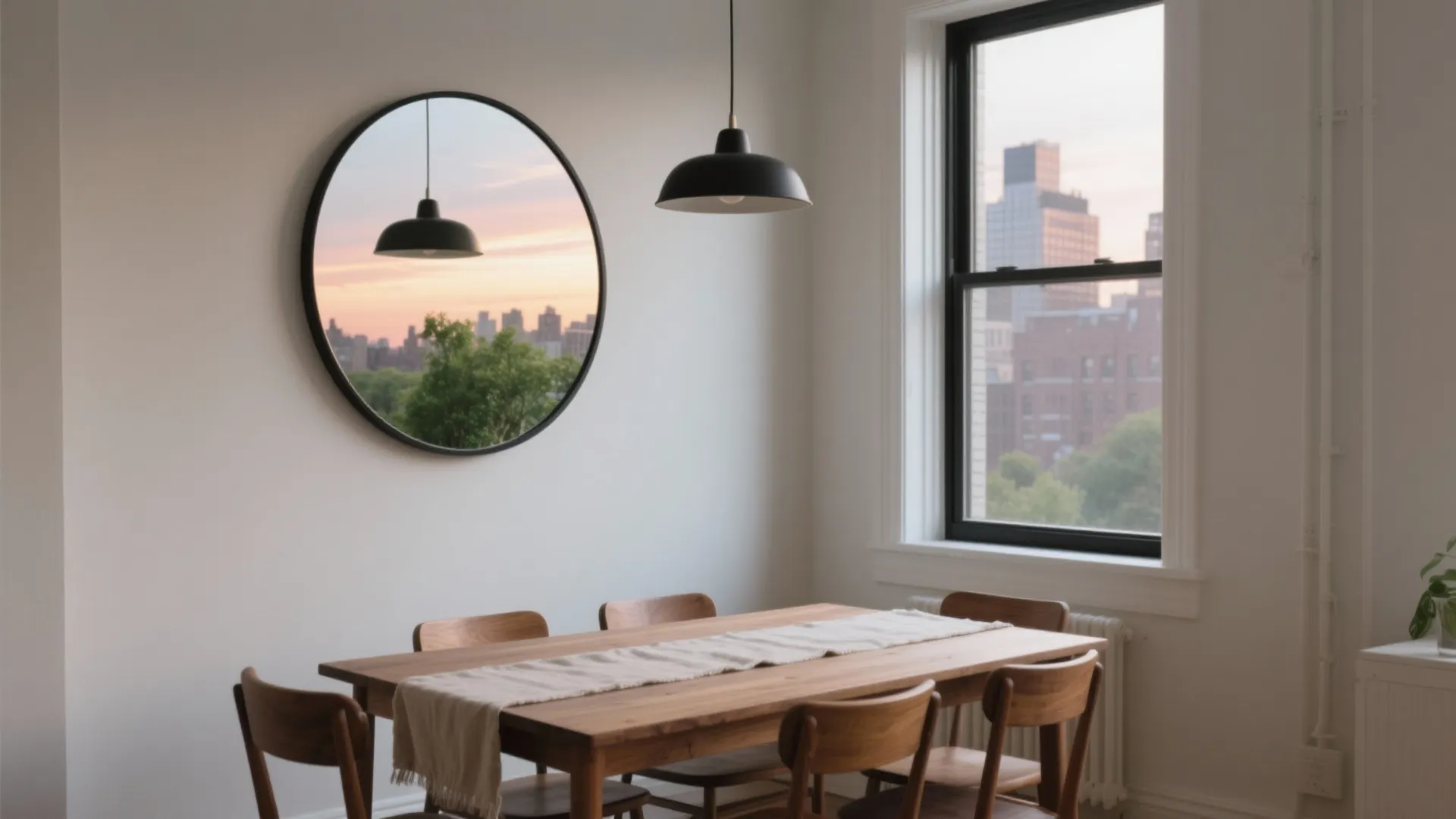 Wooden dining table with chairs near a round mirror and black ceiling light beside window