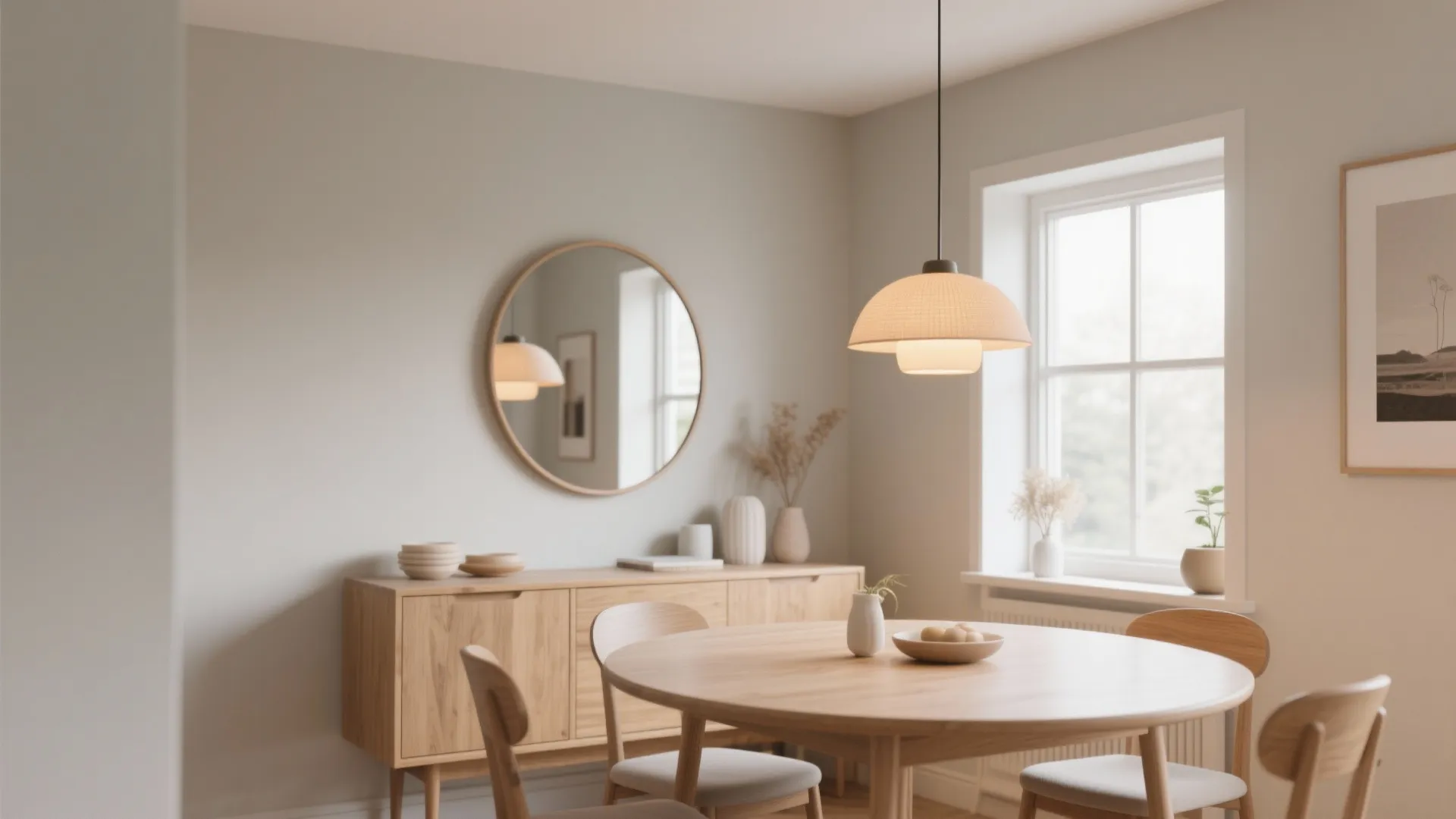 Round Mirror Above Buffet