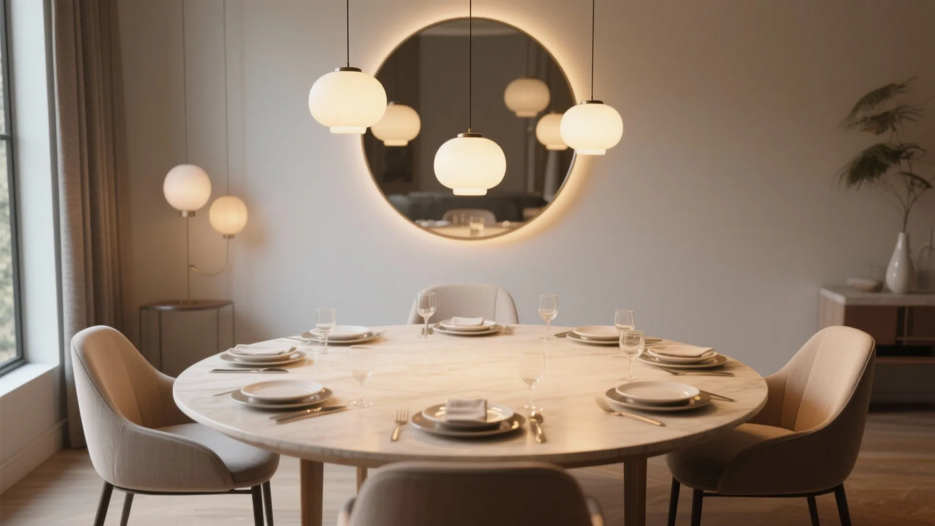 Dining table with a round mirror centered above, softly reflecting pendant light and tabletop