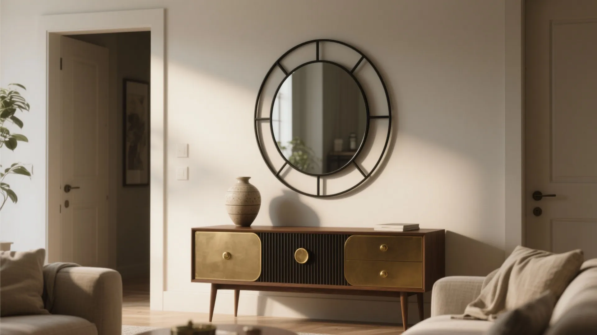Black metal round mirror above a low mid-century console with brass accents
