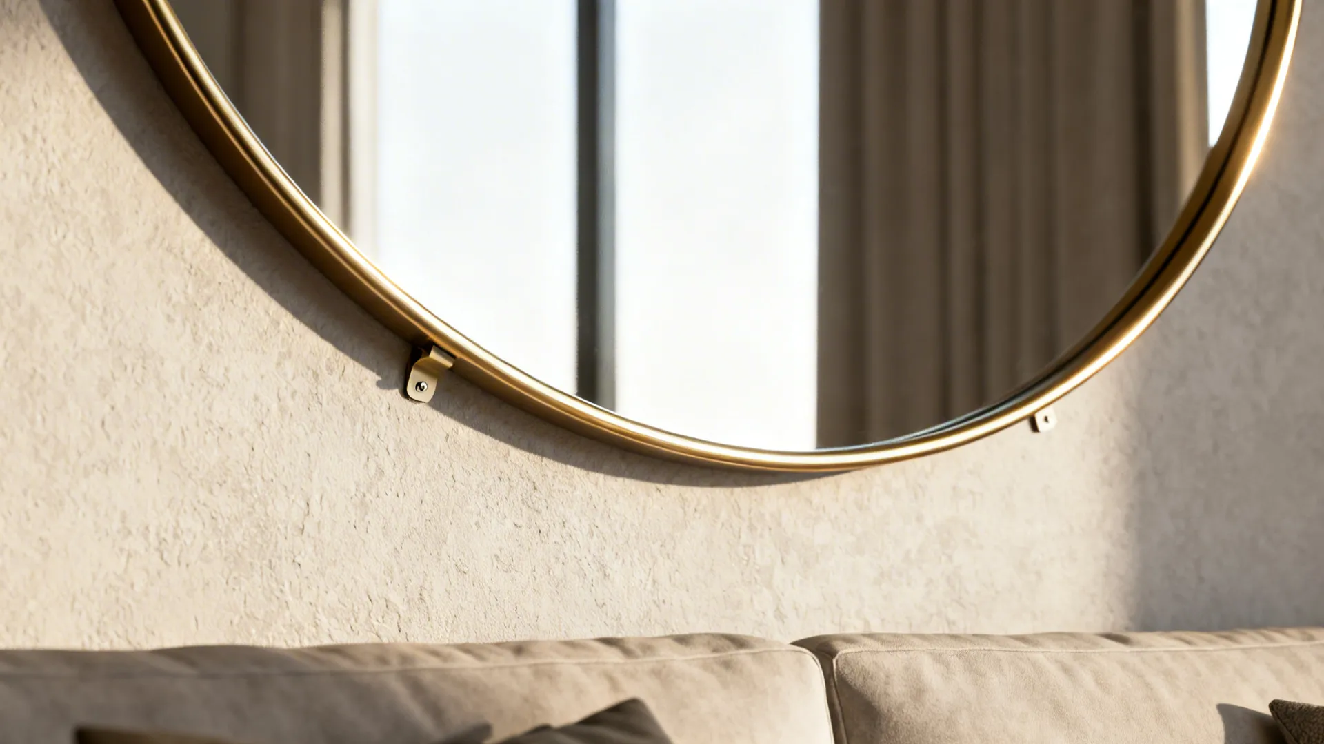 Close-up of an oversized round mirror with a thin metal rim mounted above a sofa showing mounting detail