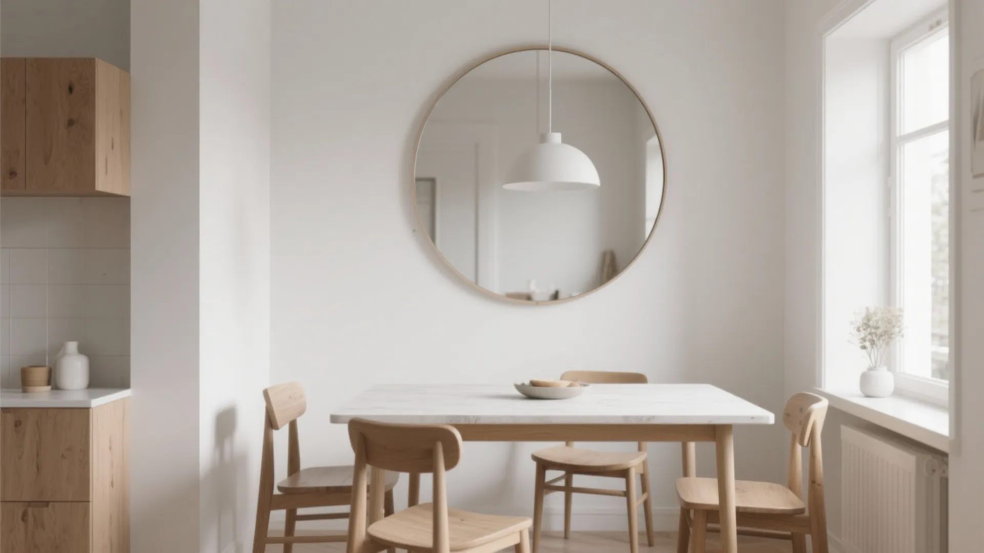 Minimalist dining area with round wall mirror white table wooden chairs and white hanging ceiling light