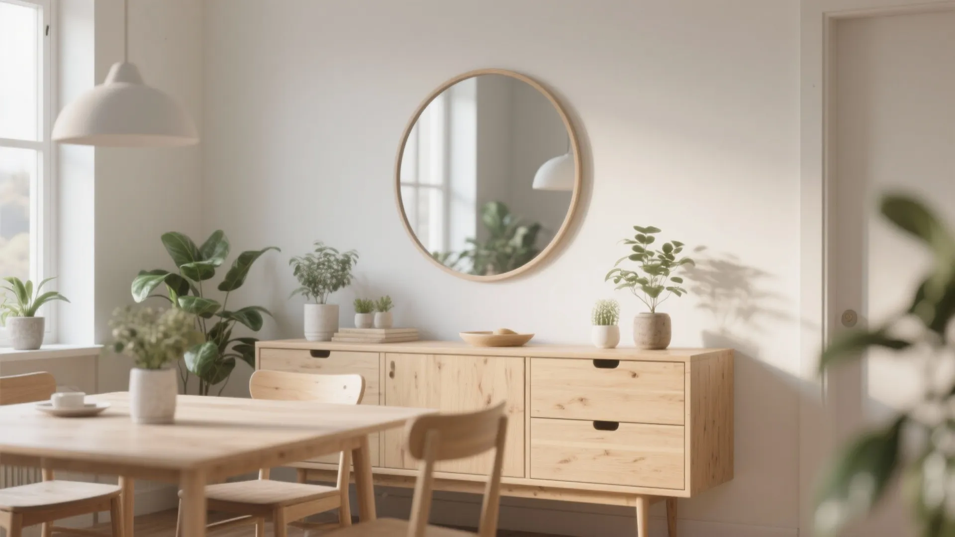 Modern dining area with round mirror on wall above wooden cabinet with green plants and table