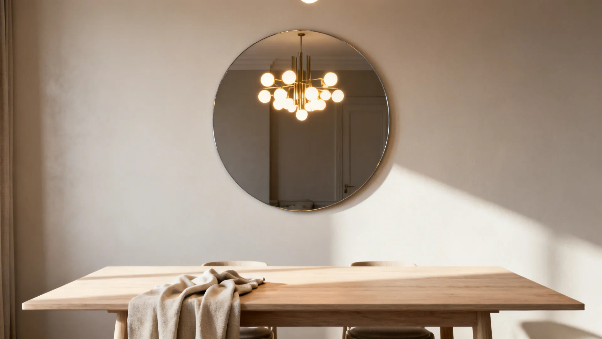 Round statement mirror above a rectangular dining table reflecting chandelier light in a Scandinavian-style room