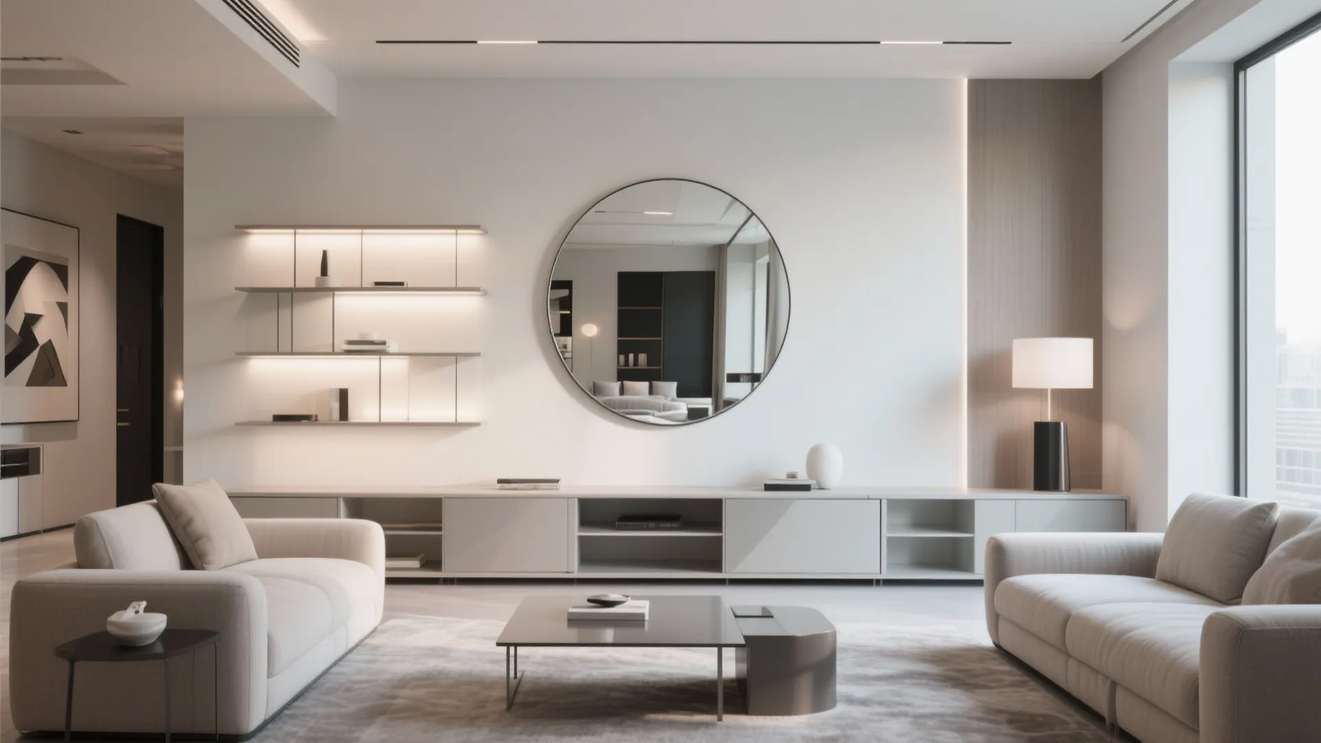 2. Oversized Round Mirror Above Display Unit