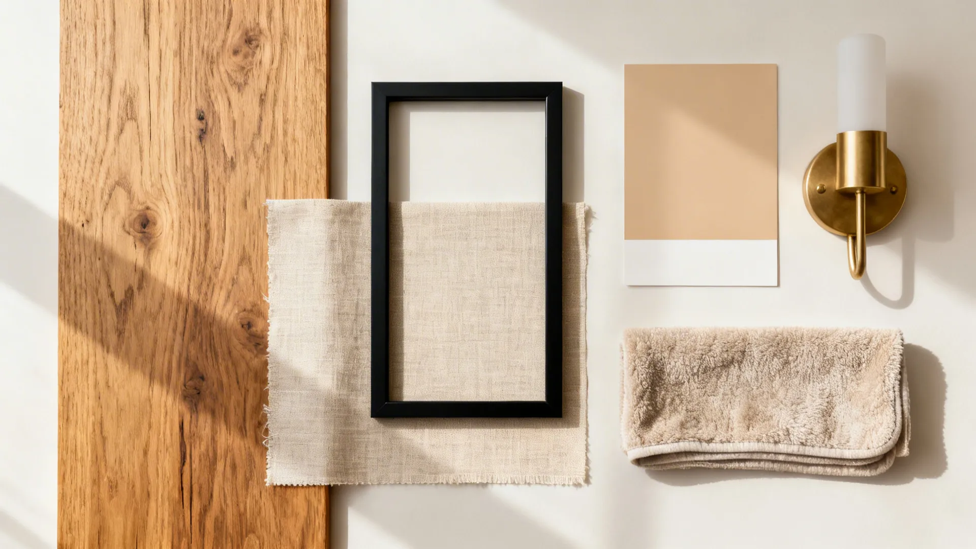 Flatlay of oak, linen, black frame, beige paint, and brass sconce samples for a soft-modern mirror setup.