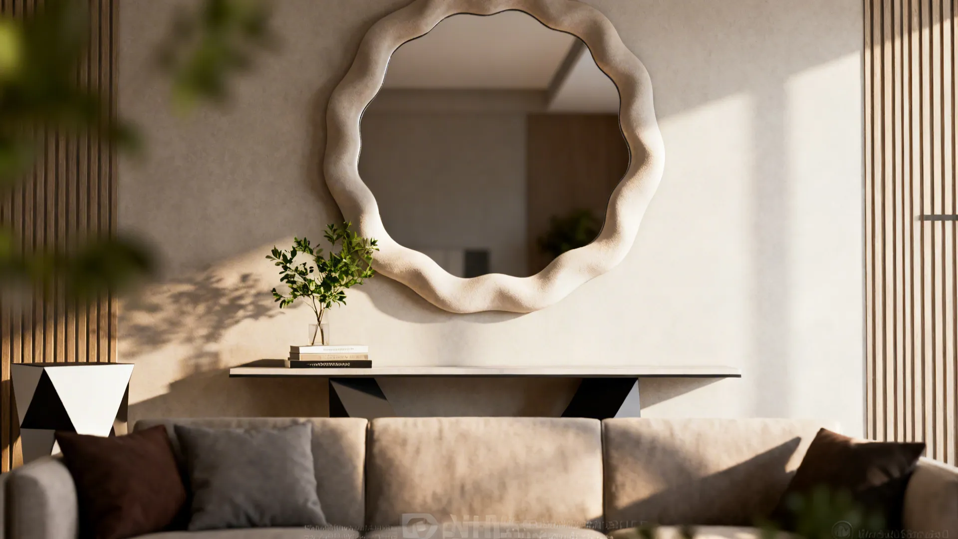 Large decorative round mirror above a sofa with a styled floating shelf beneath