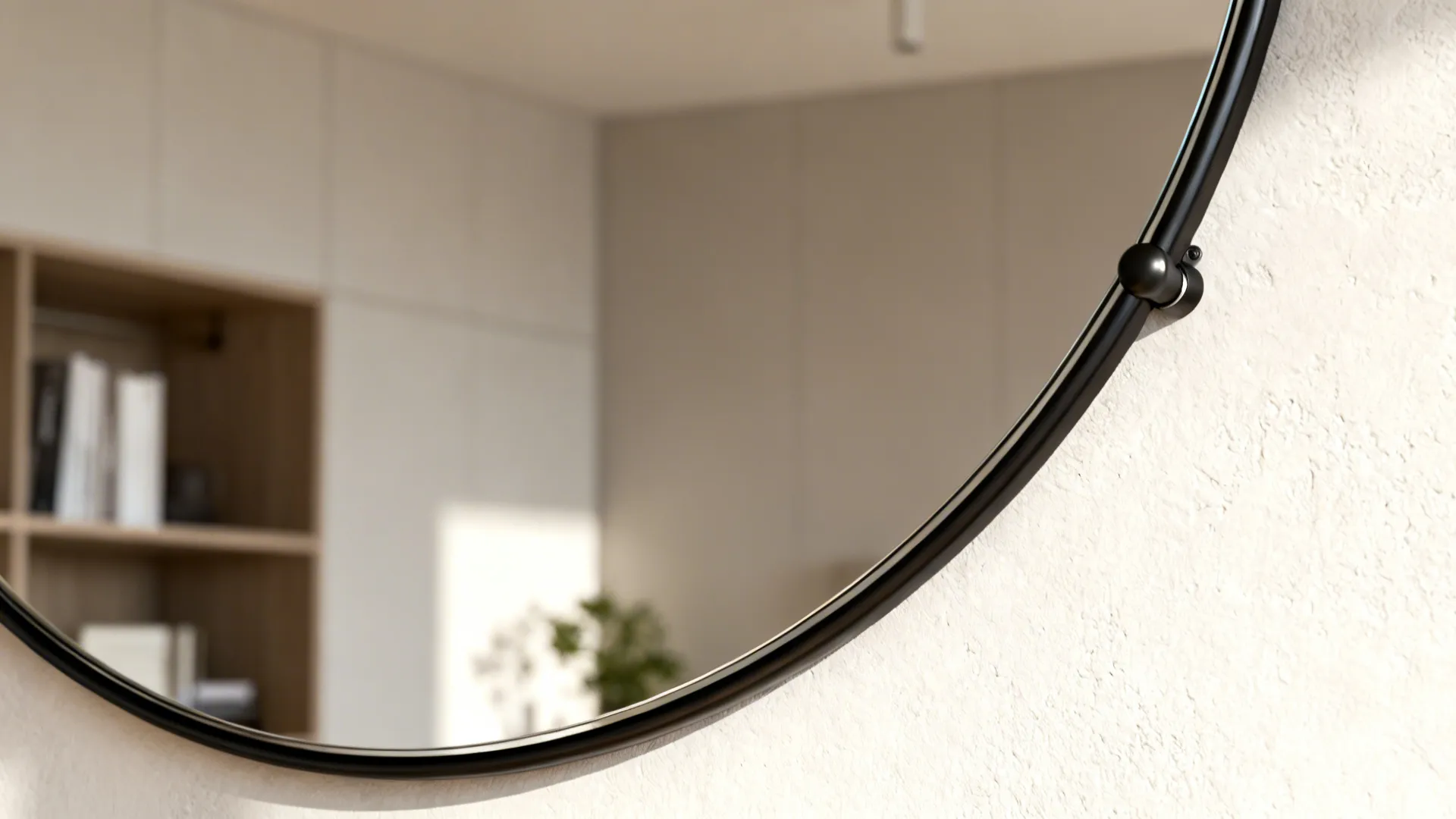 Thin black metal frame detail of an oversized round mirror mounted on a neutral wall