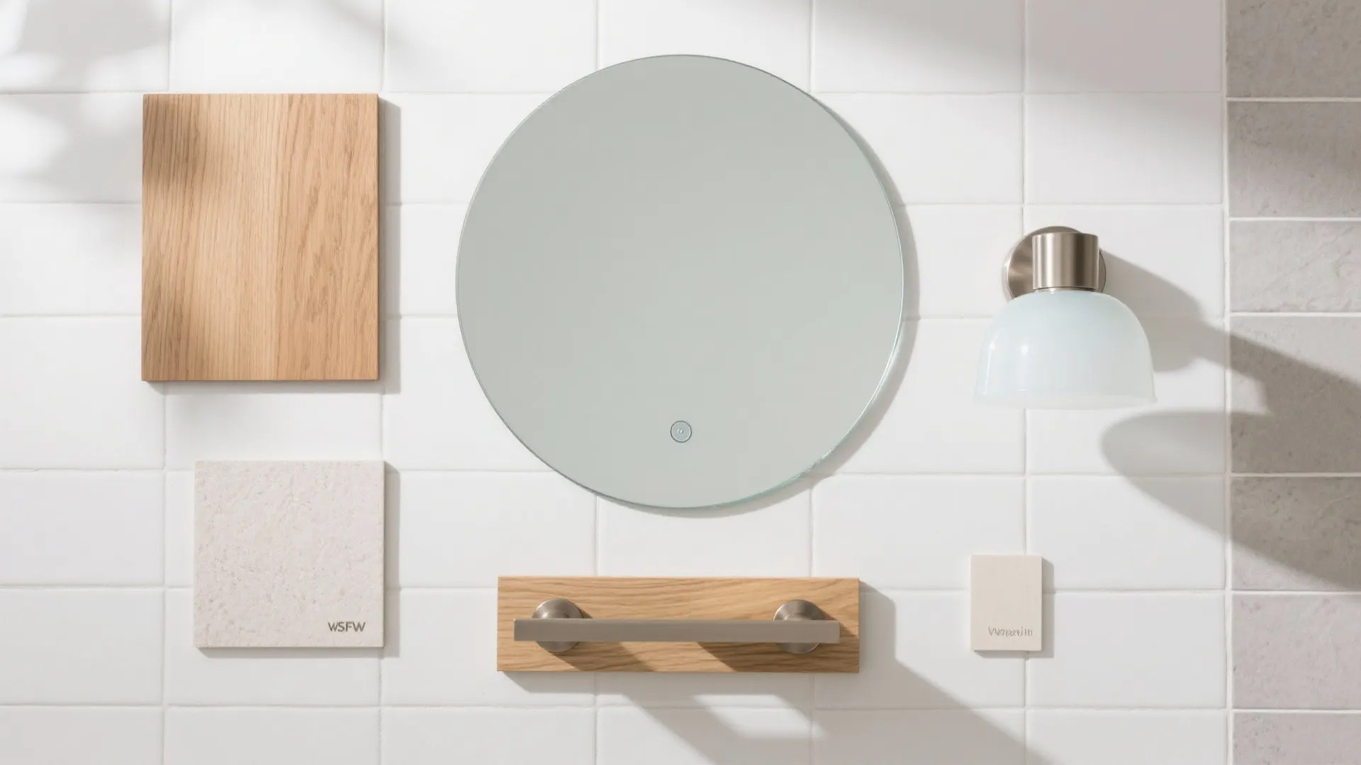 Flat lay of white tile, oak, brushed nickel, and frosted glass for a calm bath.