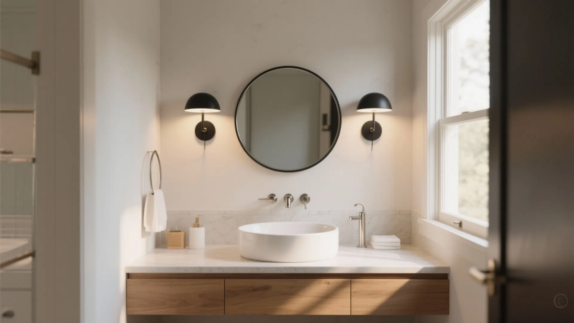 1. Pair a matte black sconce with a round mirror