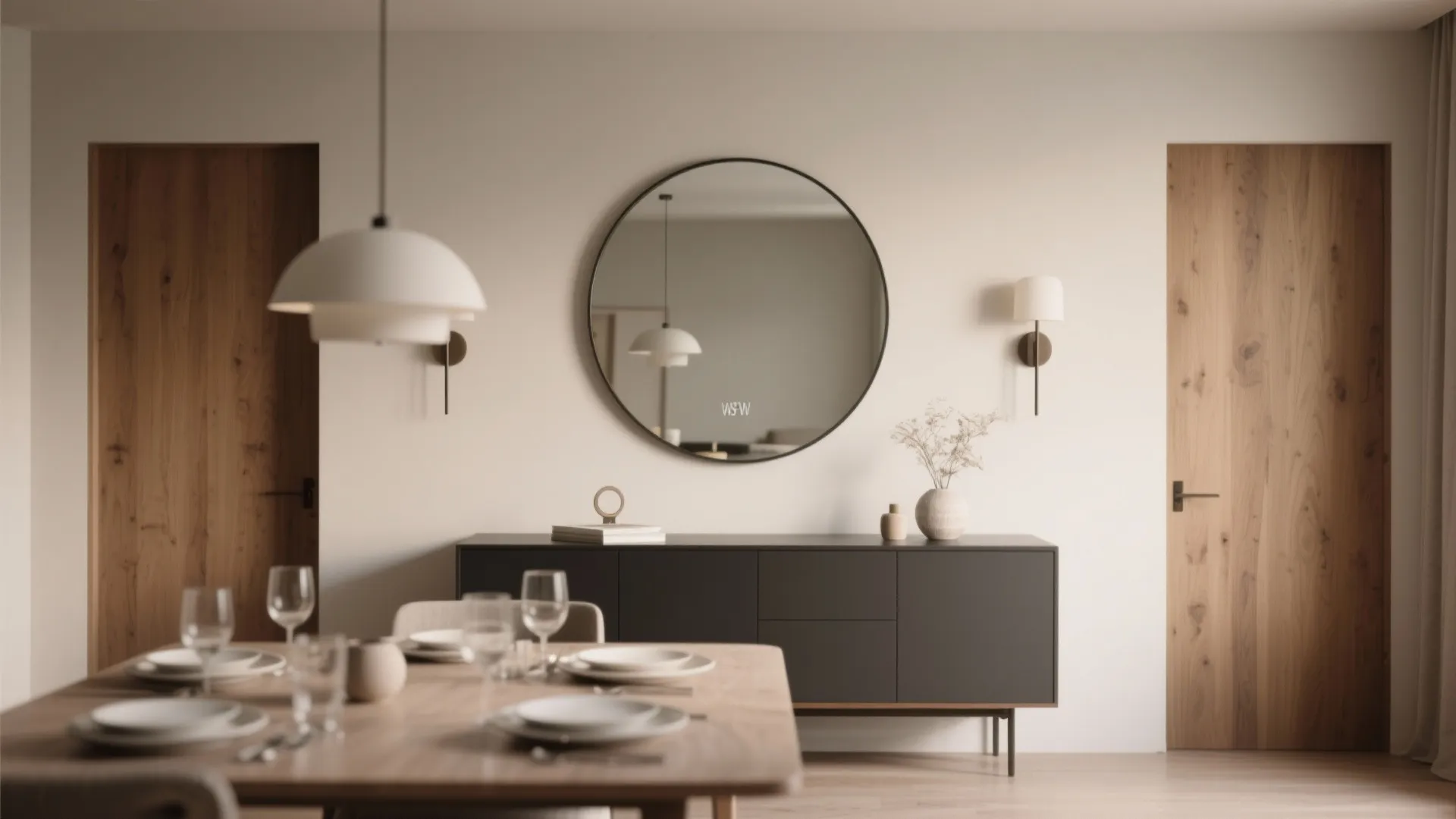 Large round mirror above dining sideboard
