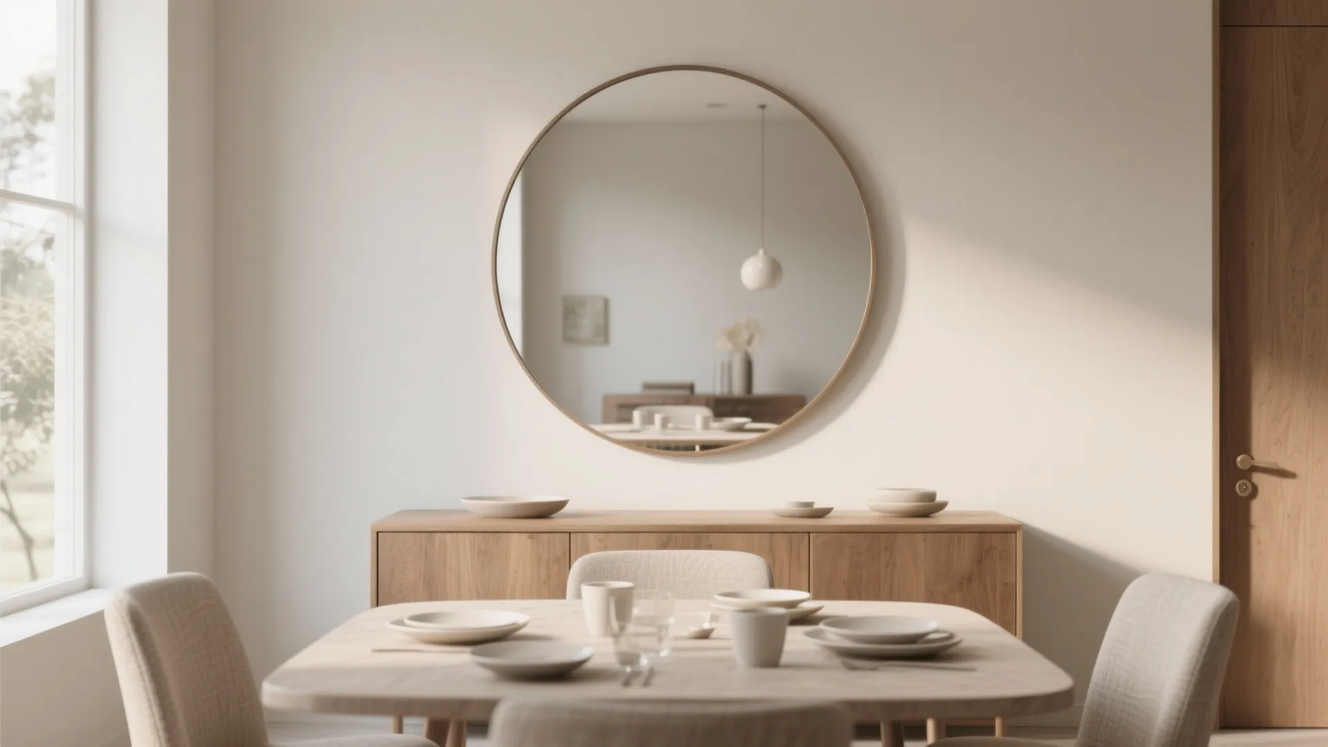 2. Oversized Round Mirror Above the Sideboard
