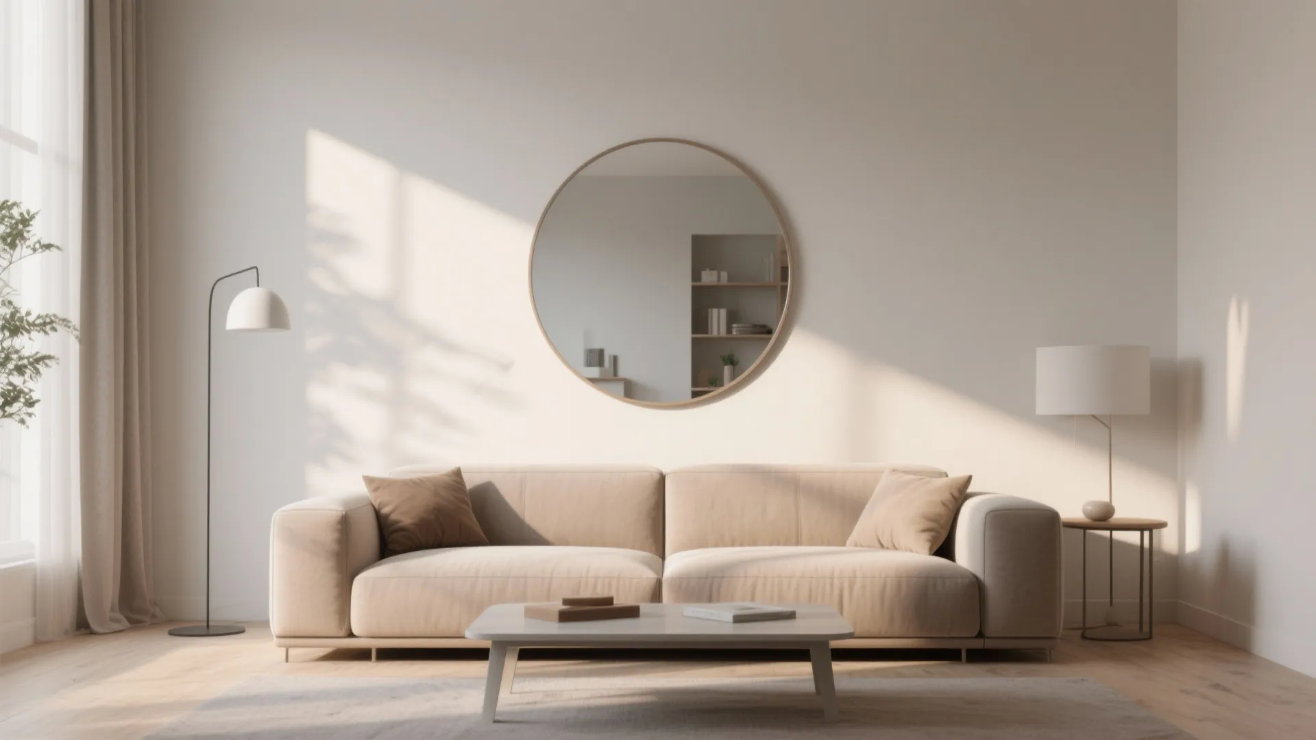 3. Oversized Round Mirror Above Sofa