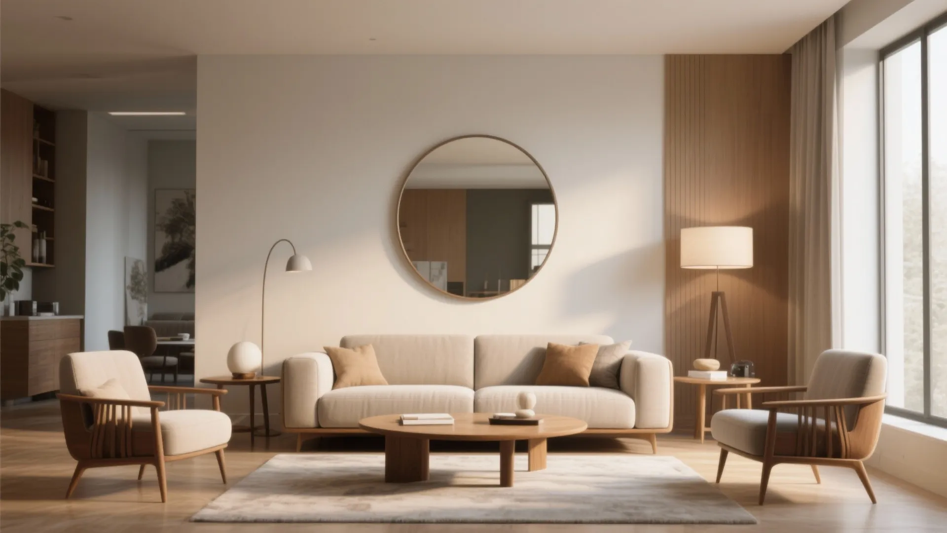 Round mirror above mid-century modern sofa