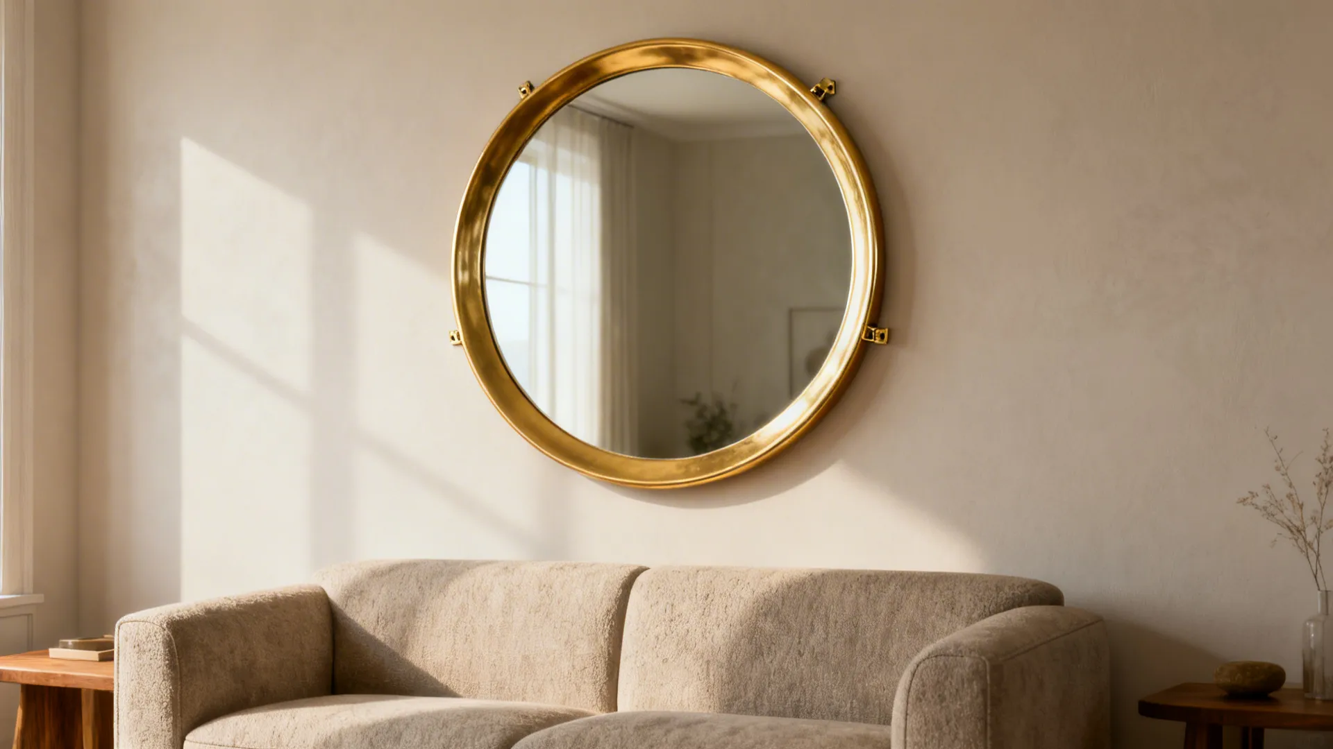 Oversized round gold mirror centered above a neutral sofa, creating a warm focal point.