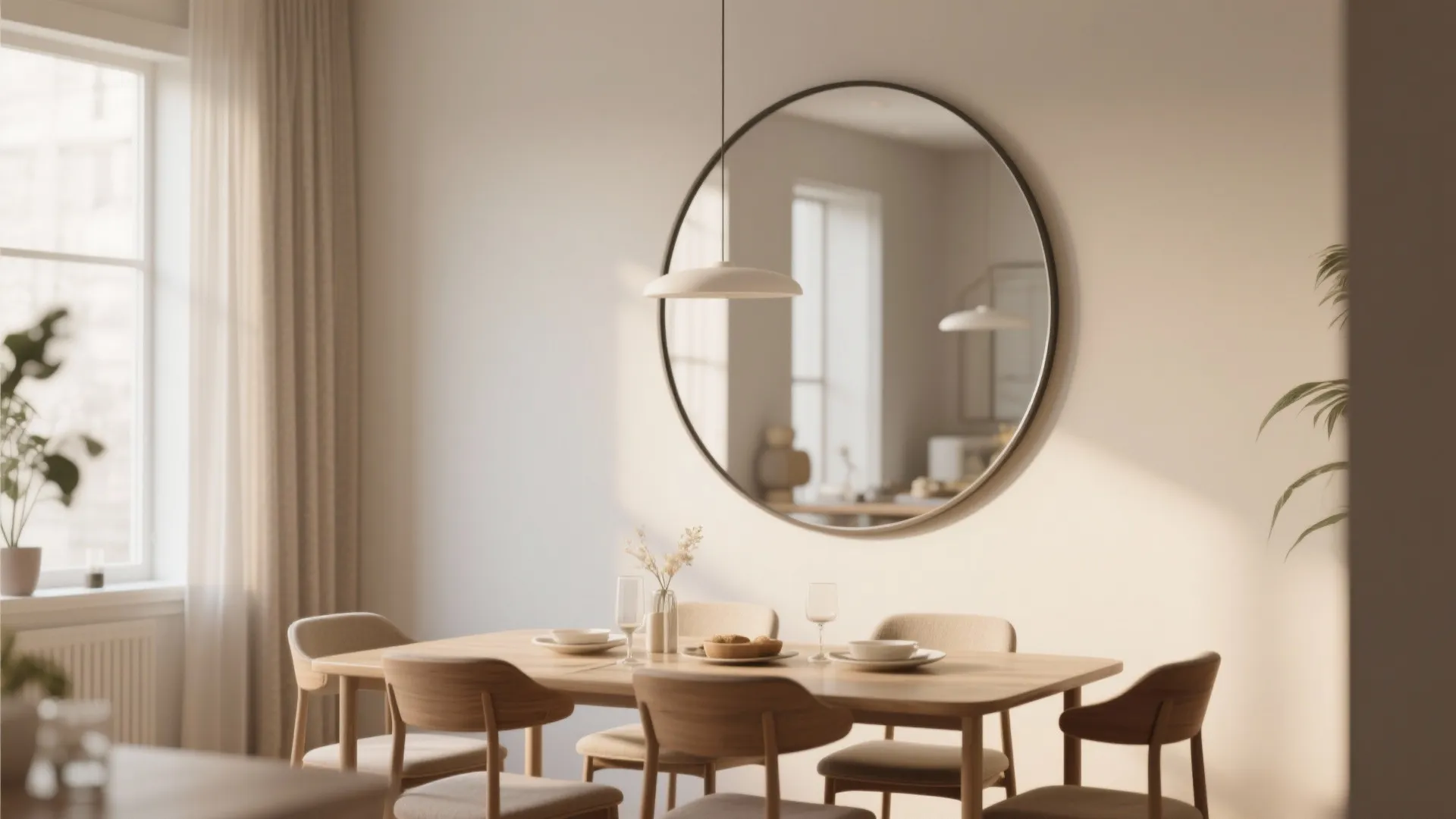 Large round mirror softening angles in small dining space