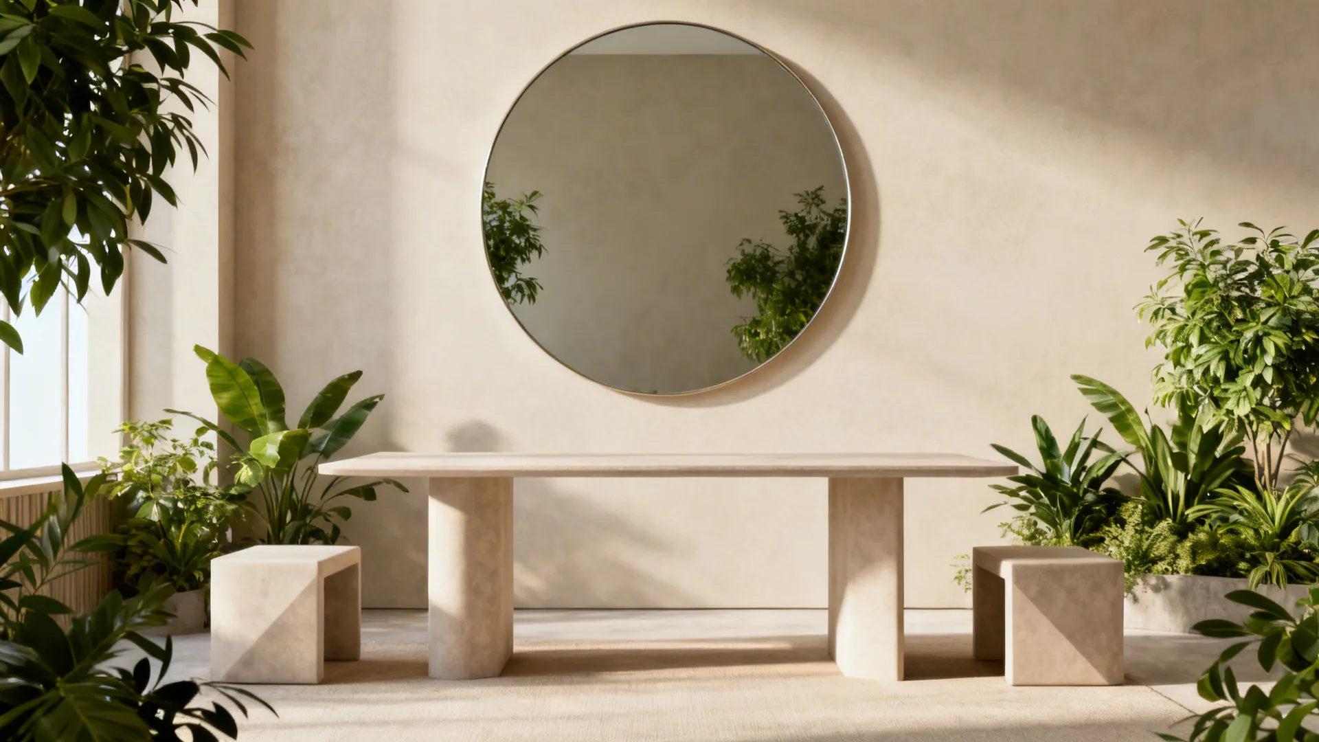 Large round mirror above a rectangular dining table softens the room's angles.