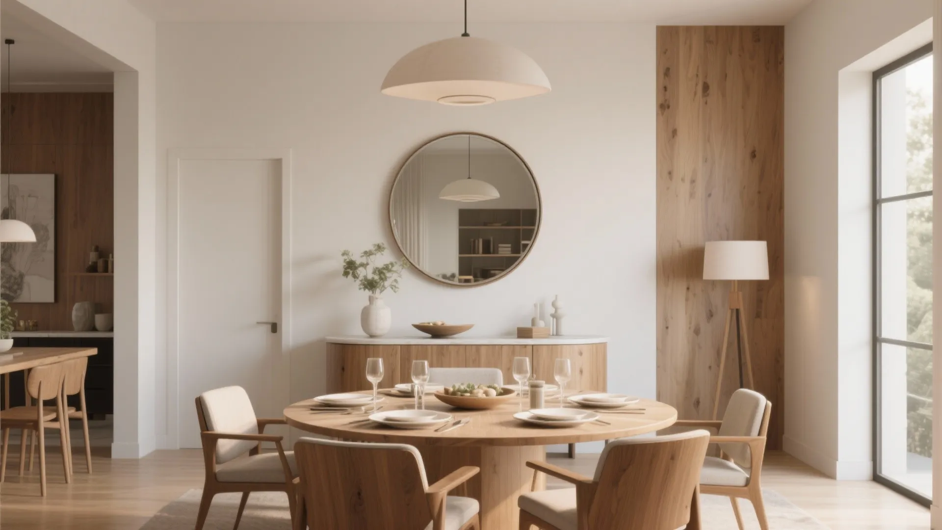 Modern wooden round dining table set with white walls round wall mirror and floor lamp