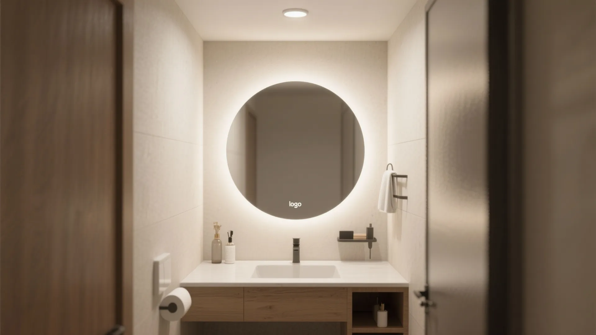 3. Oversized Round Mirror with Ceiling Spotlight