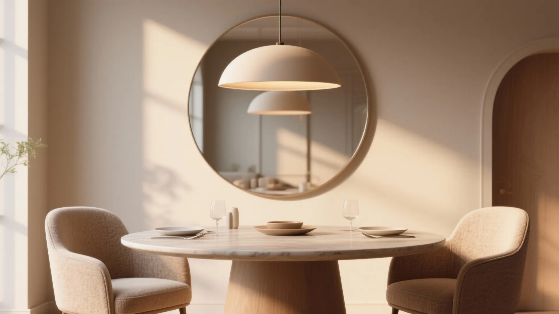 4. Round mirror above a round table to soften lines