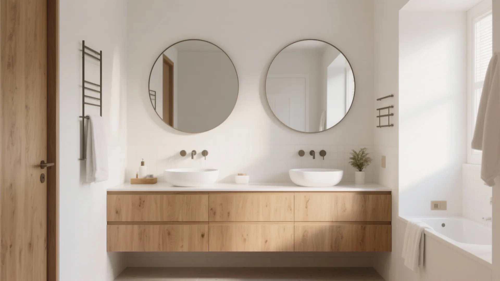 Minimalist bathroom design with floating wood cabinet two round mirrors and two white bowl sinks
